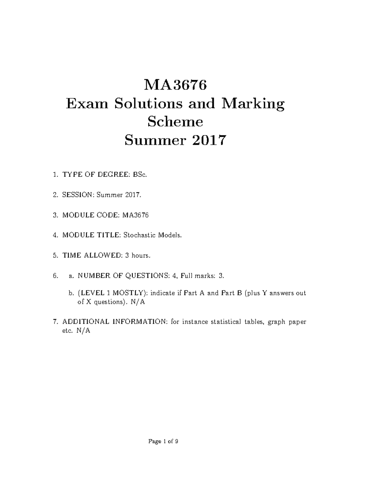 Exam Final Exam Exam 5 May 2017, Answers - MA3676 Exam Solutions And ...