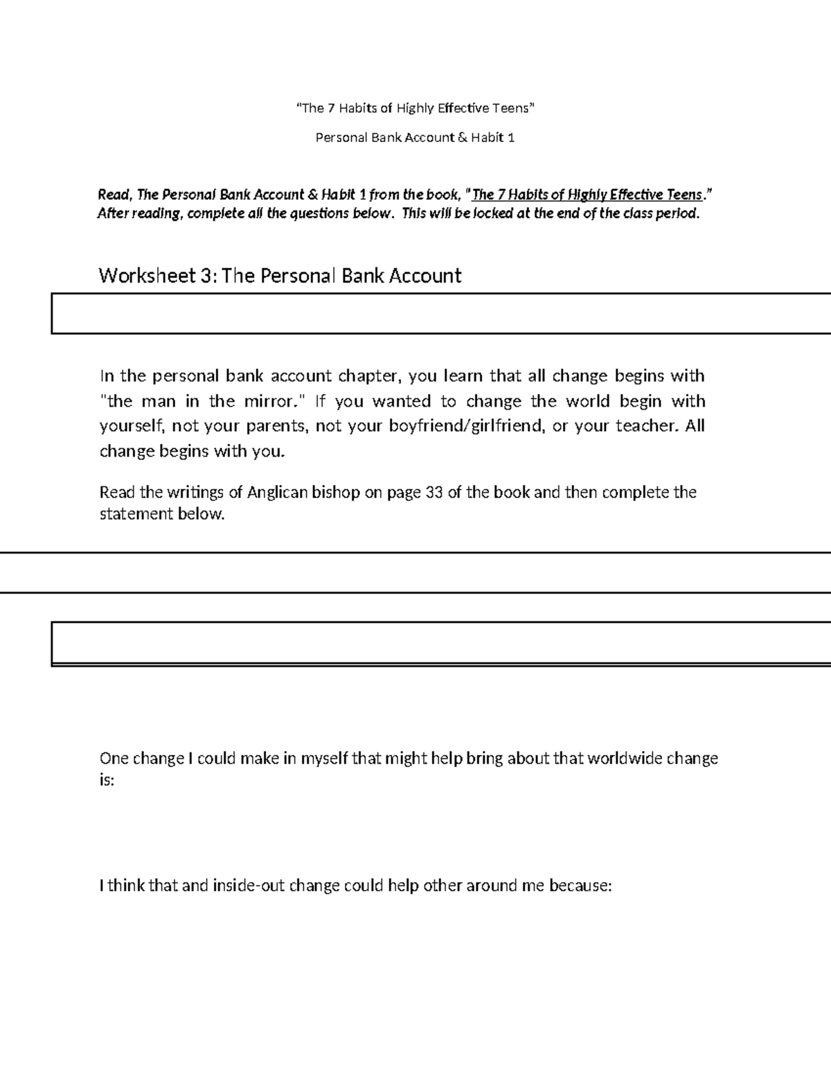 The 7 Habits of Highly Effective Teens Personal Bank Account and Habit