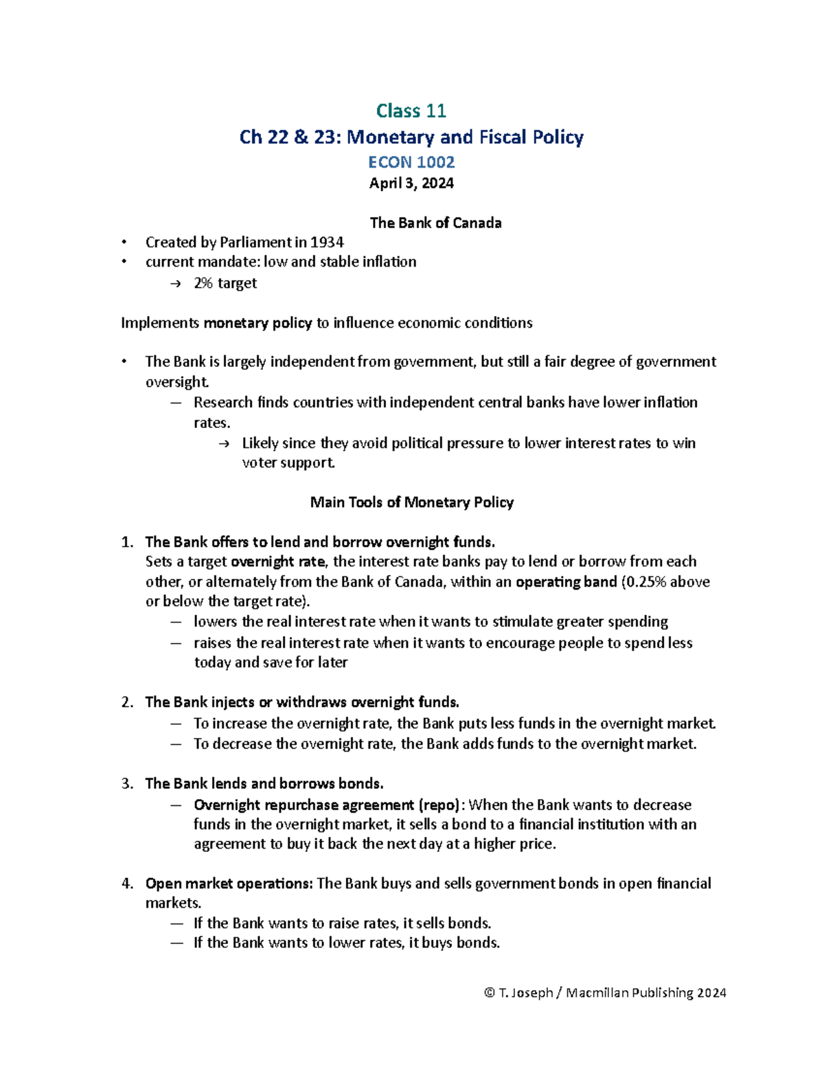 Notes 11 (Marco) - Class 11 Ch 2 2 & 23: Monetary and Fiscal Policy ...