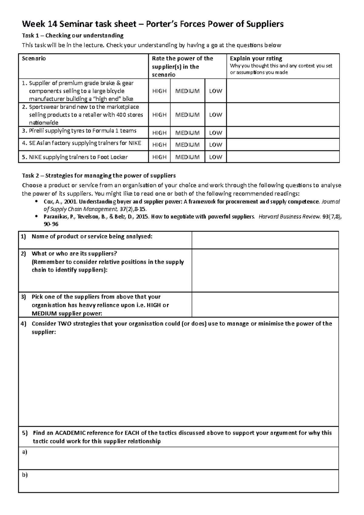 Porter's 5 Forces Week 14 Seminar task sheet - Power of Suppliers ...