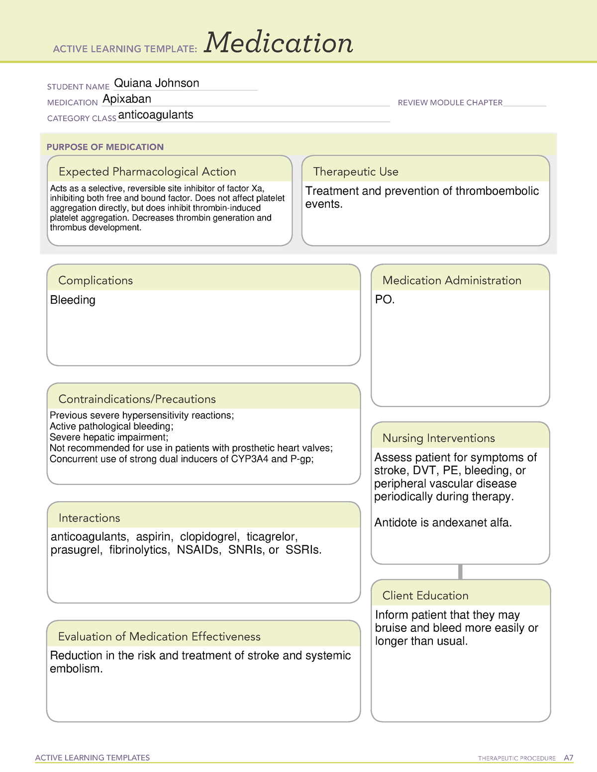 Apixaban drug card ACTIVE LEARNING TEMPLATES THERAPEUTIC PROCEDURE