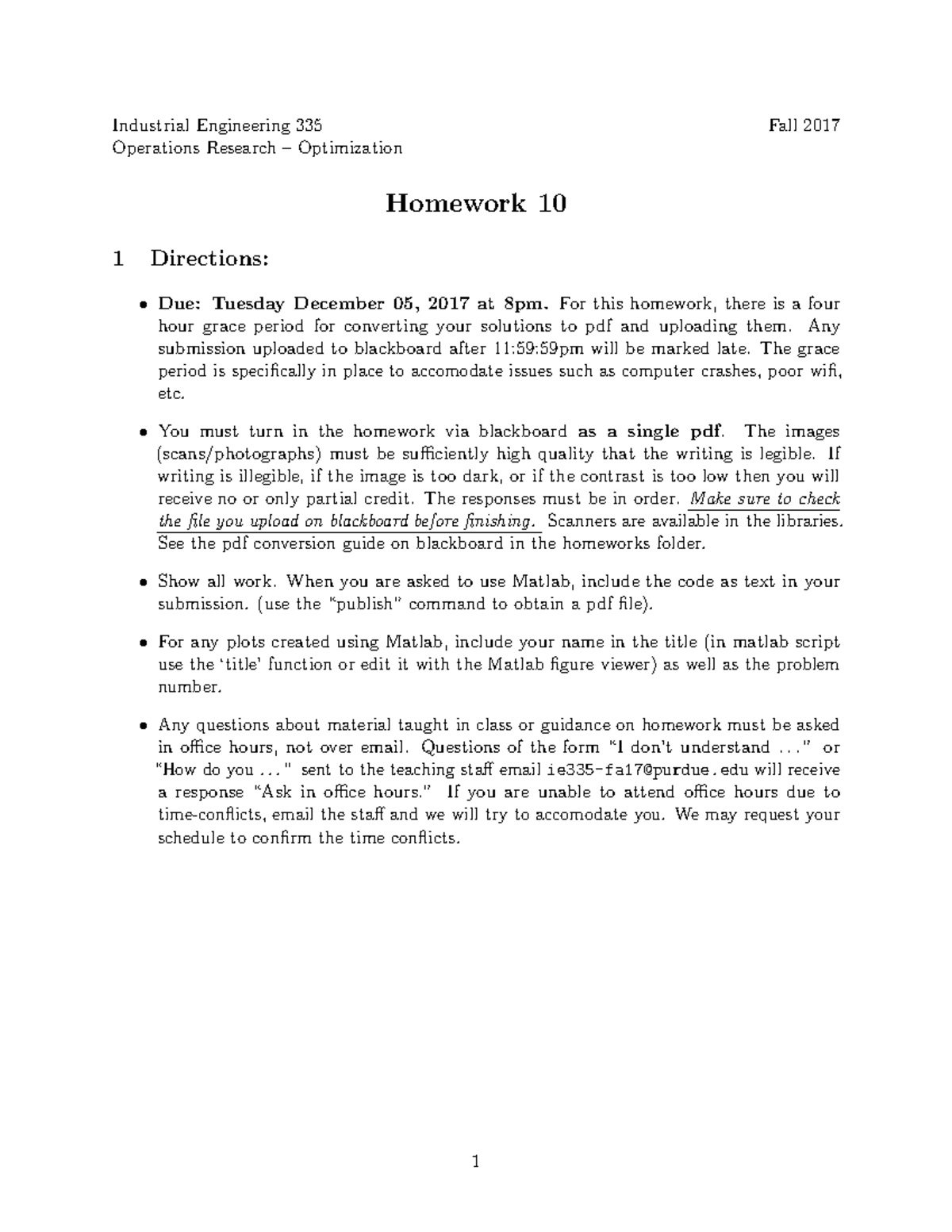 Homework 10 - Industrial Engineering 335 Fall 2017 Operations Research ...