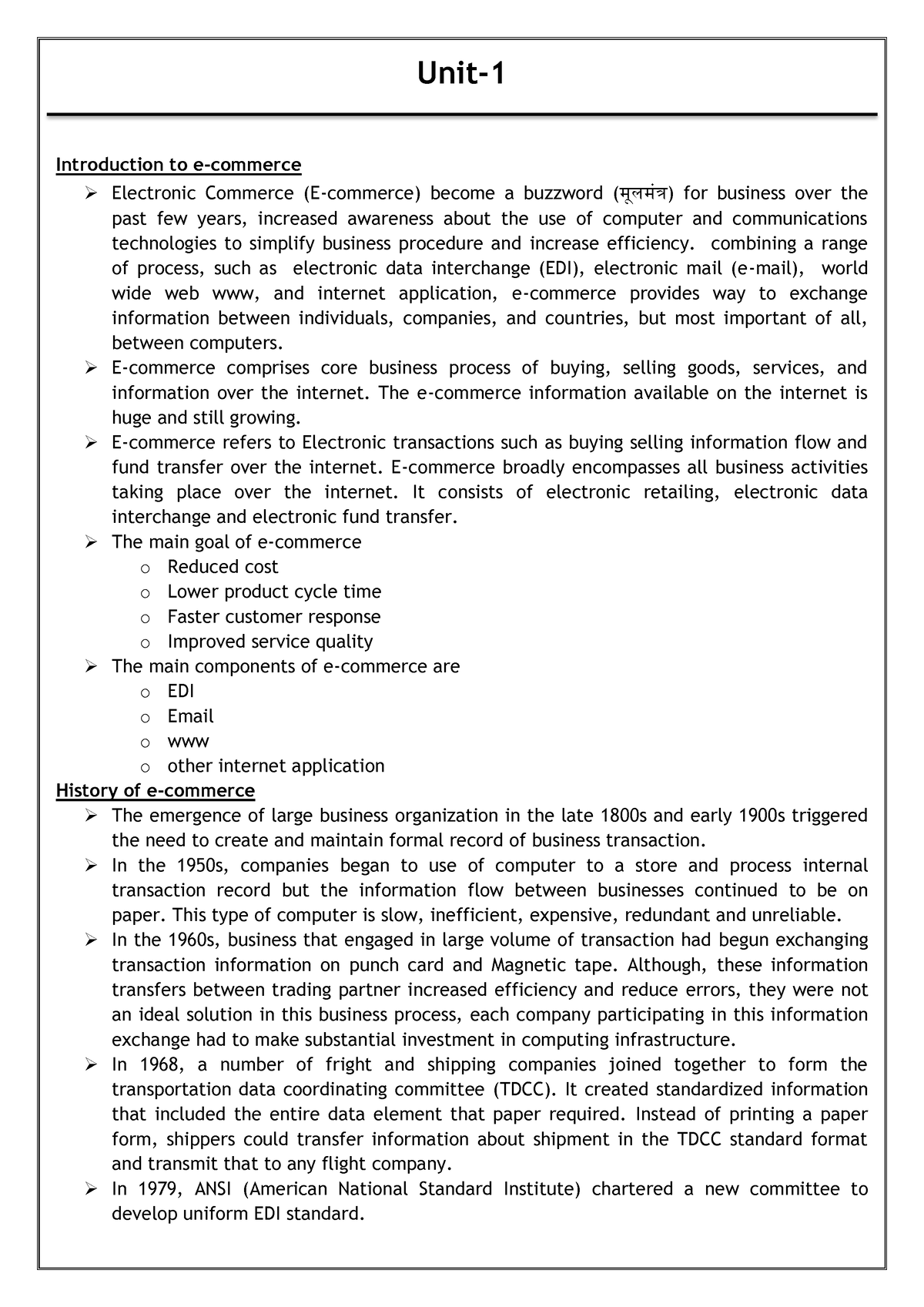 E-commerce Notes - Unit- Introduction To E-commerce Electronic Commerce 