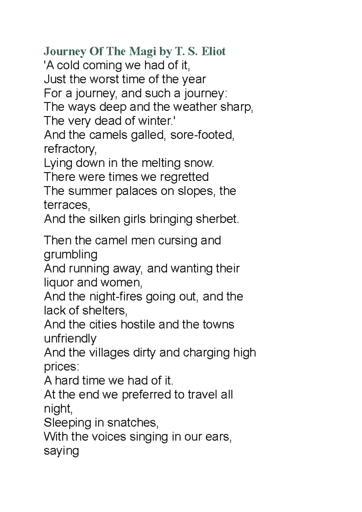 Journey Of The Magi Poem - Journey Of The Magi By T. S. Eliot 'A Cold ...