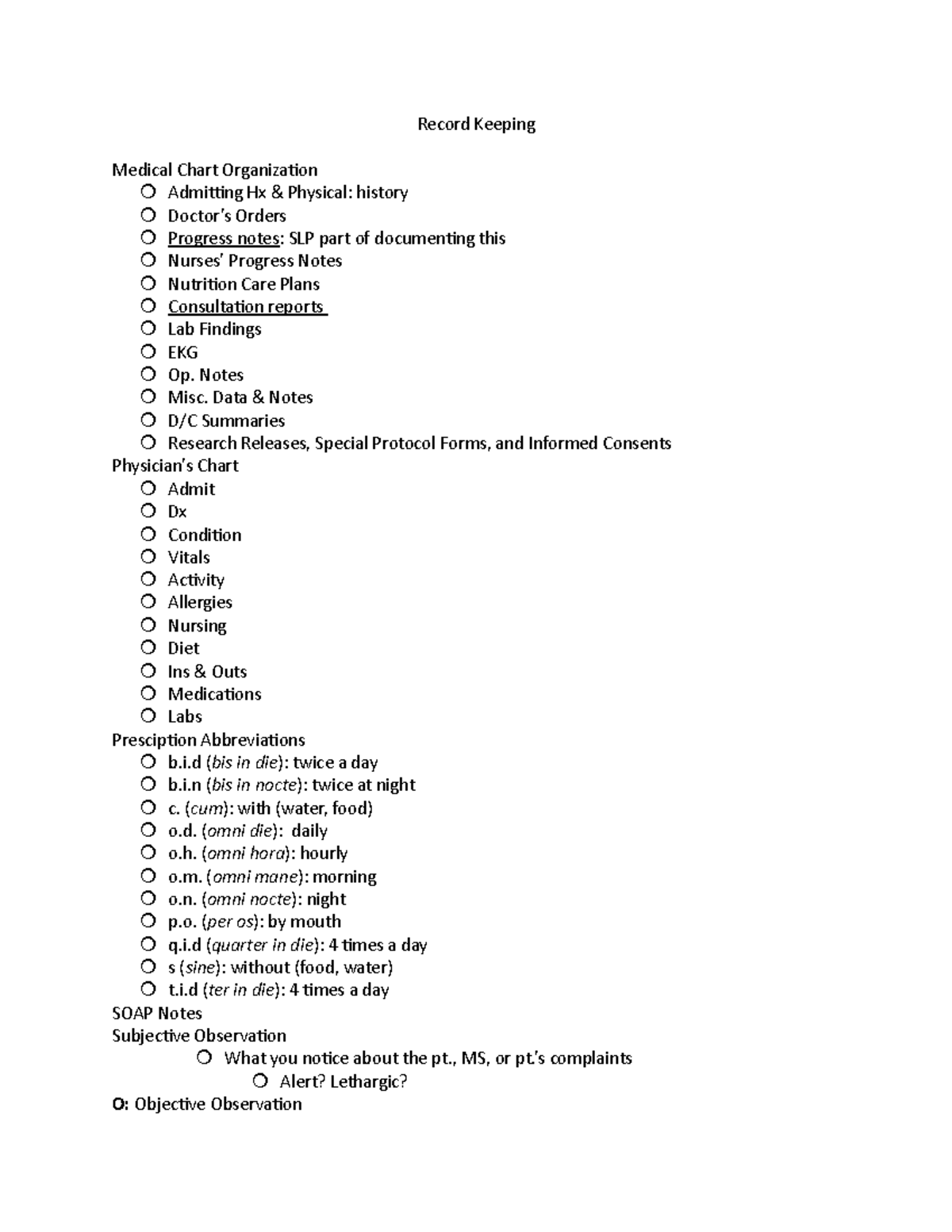 Record Keeping for Medical Setting Record Keeping Medical Chart