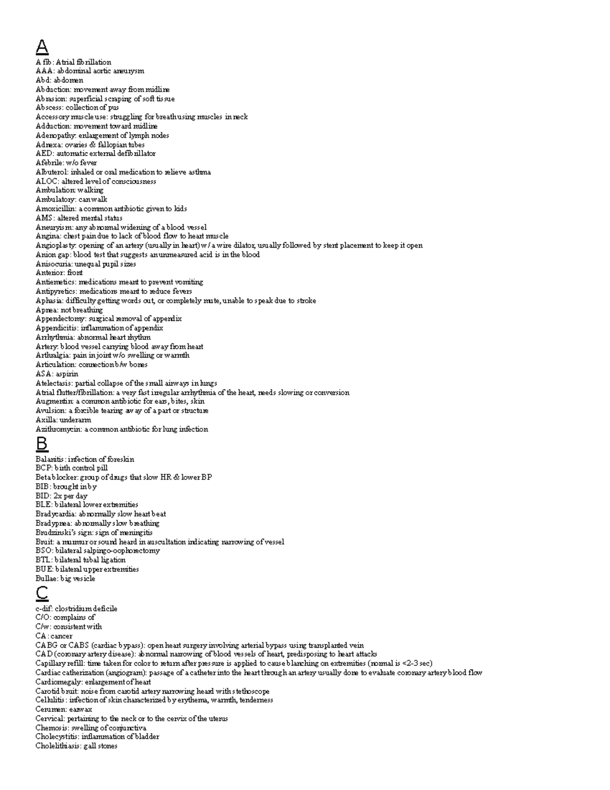 Medical Terminology Key - A A fib: Atrial fibrillation AAA: abdominal ...
