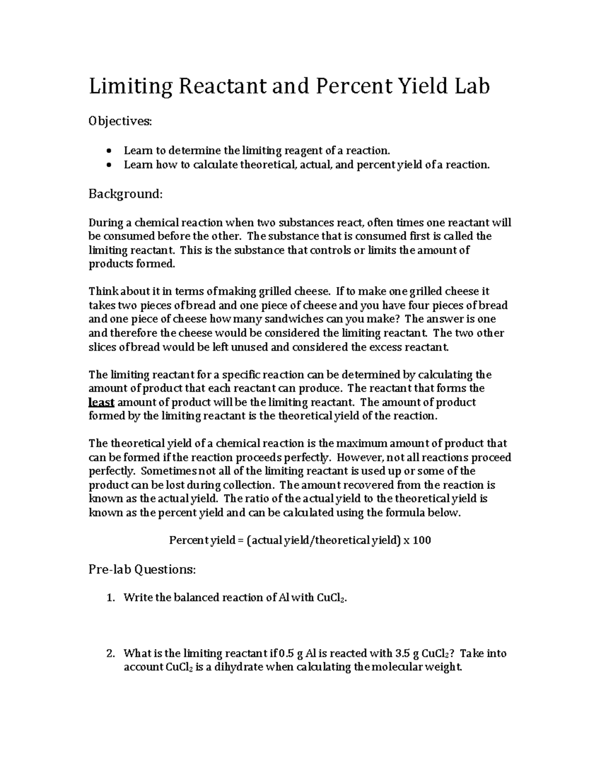 Limiting reactant and percent yield lab - Limiting Reactant and Percent ...