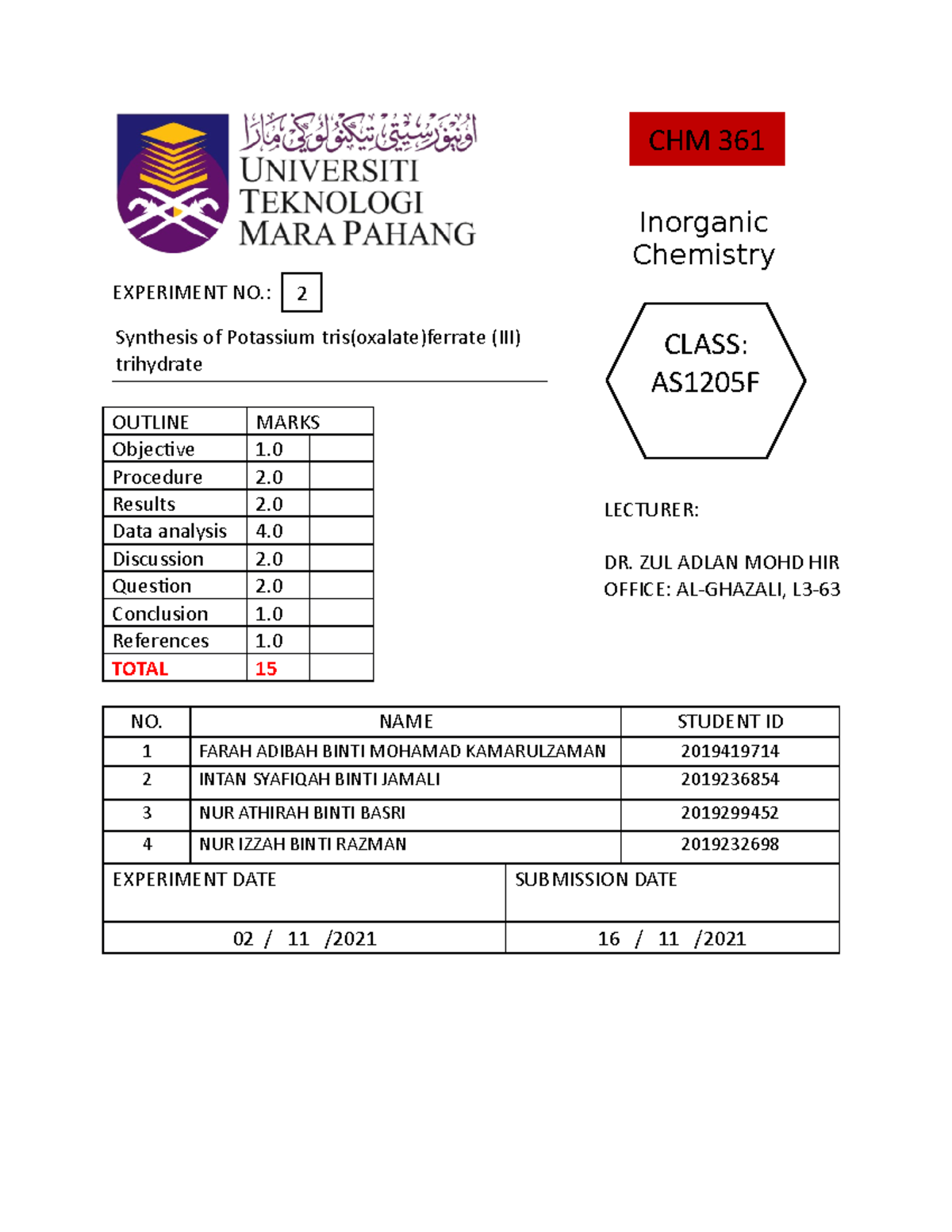 lab report chm361 experiment 2