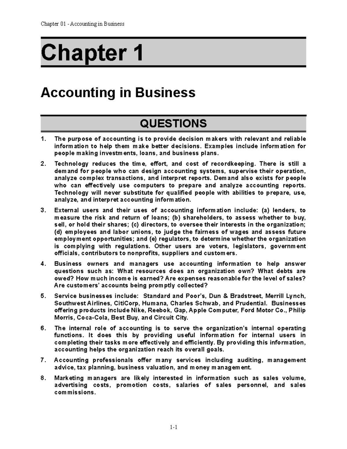 Chapter 1 Soluiton - Chapter 1 Accounting In Business QUESTIONS The ...