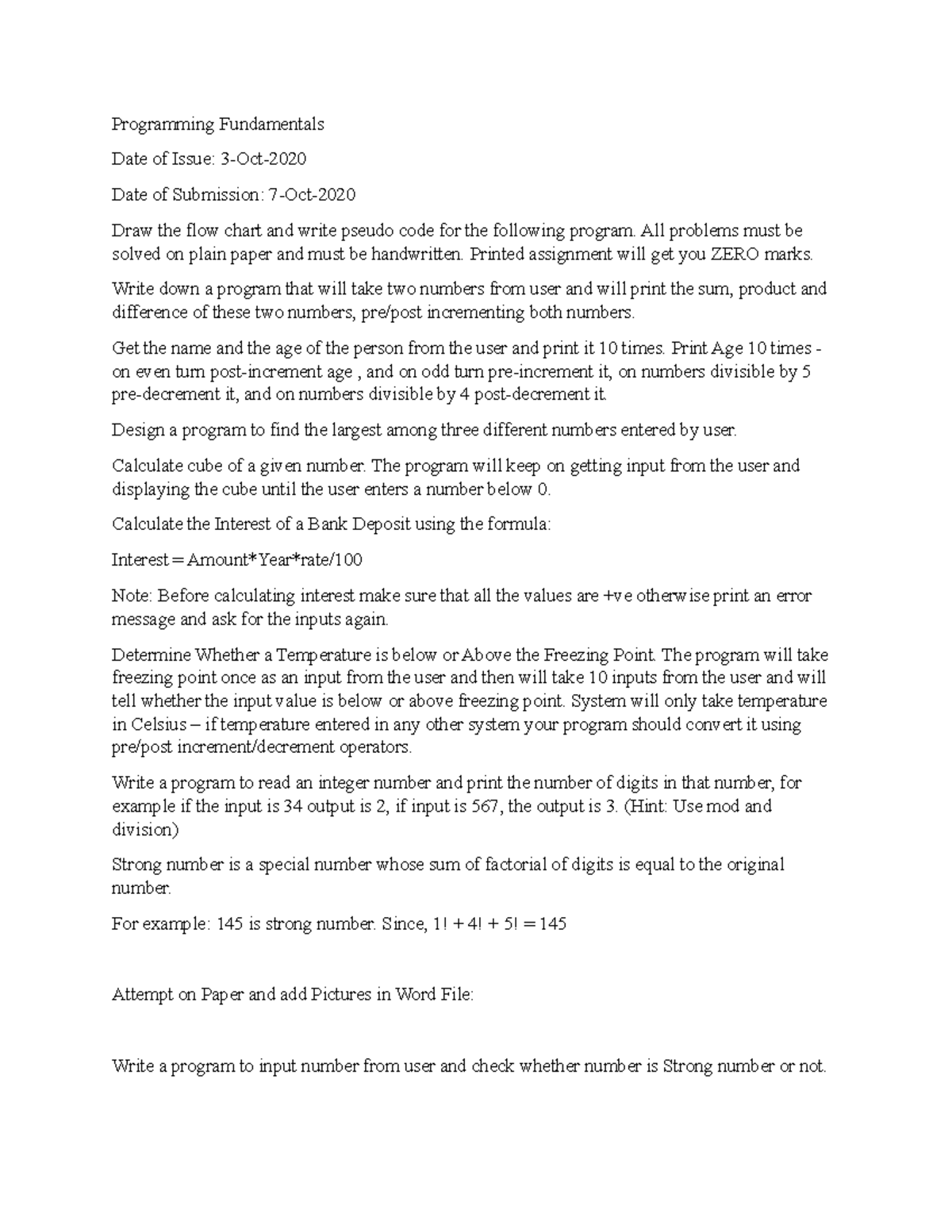 Pf-1 - Programming Fundamentals Date of Issue: 3-Oct- Date of ...