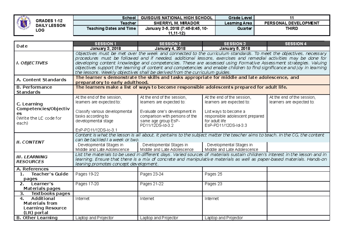 Dll-perdev-jan-3-5 - Daily Lesson Log - GRADES 1- DAILY LESSON LOG ...