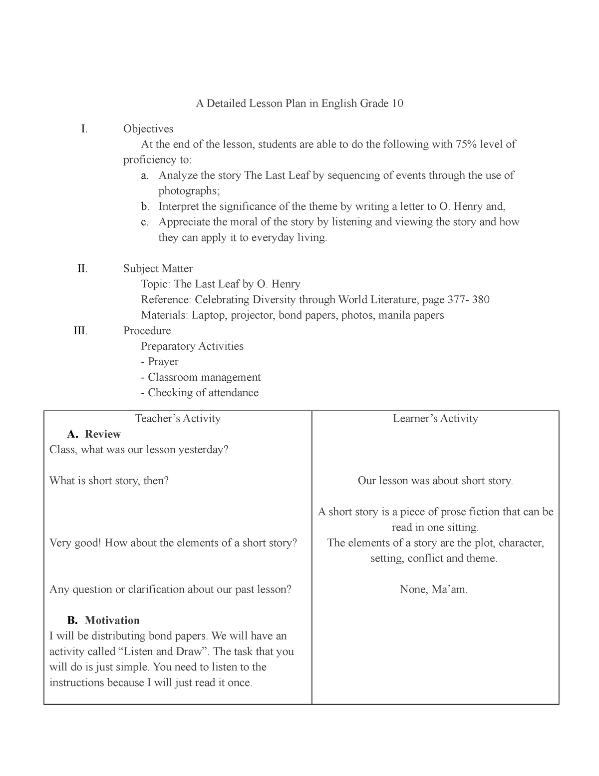 A detailed lesson plan in english grade 10 - A Detailed Lesson Plan in ...