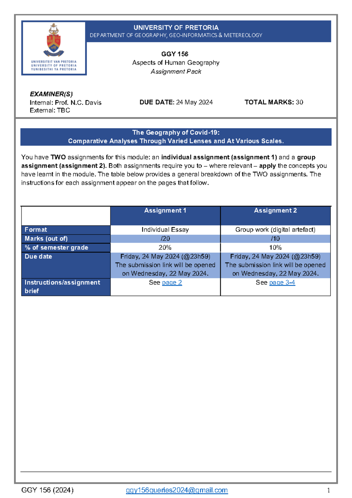 GGY 156 Assignment PACK 2024 - UNIVERSITY OF PRETORIA DEPARTMENT OF ...