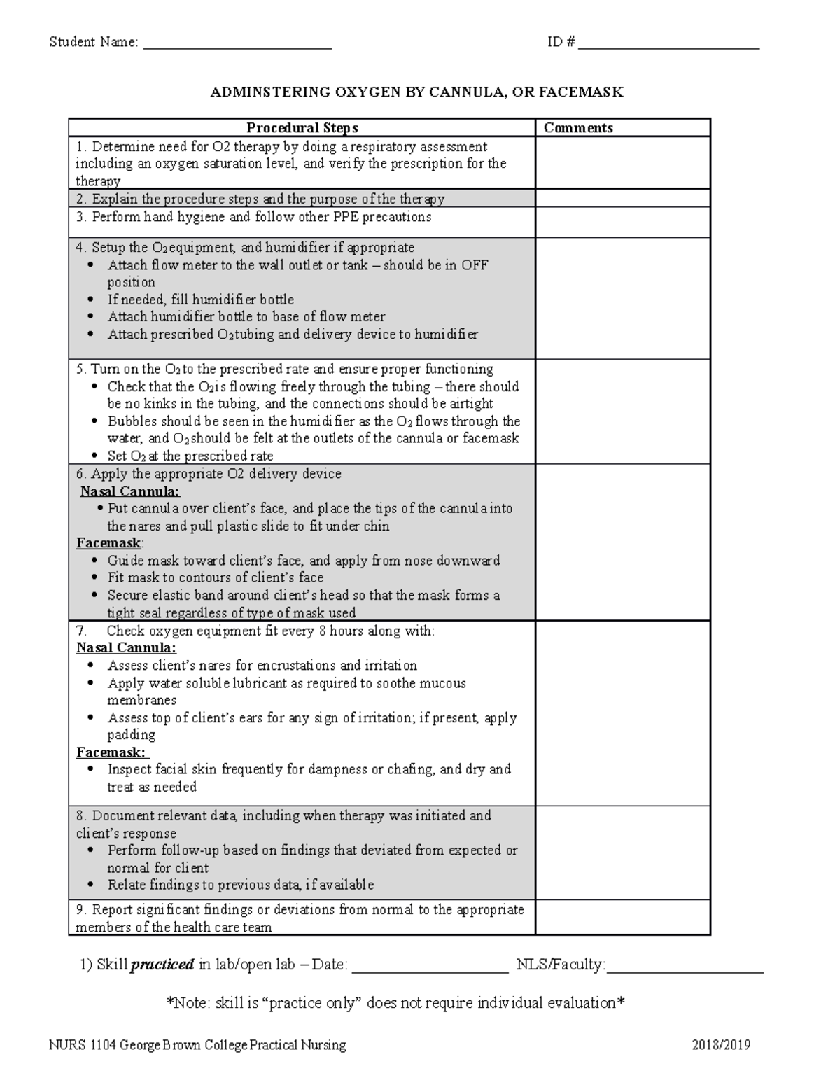 Skill Checklist - Applying Oxygen Mask - Student Name ...