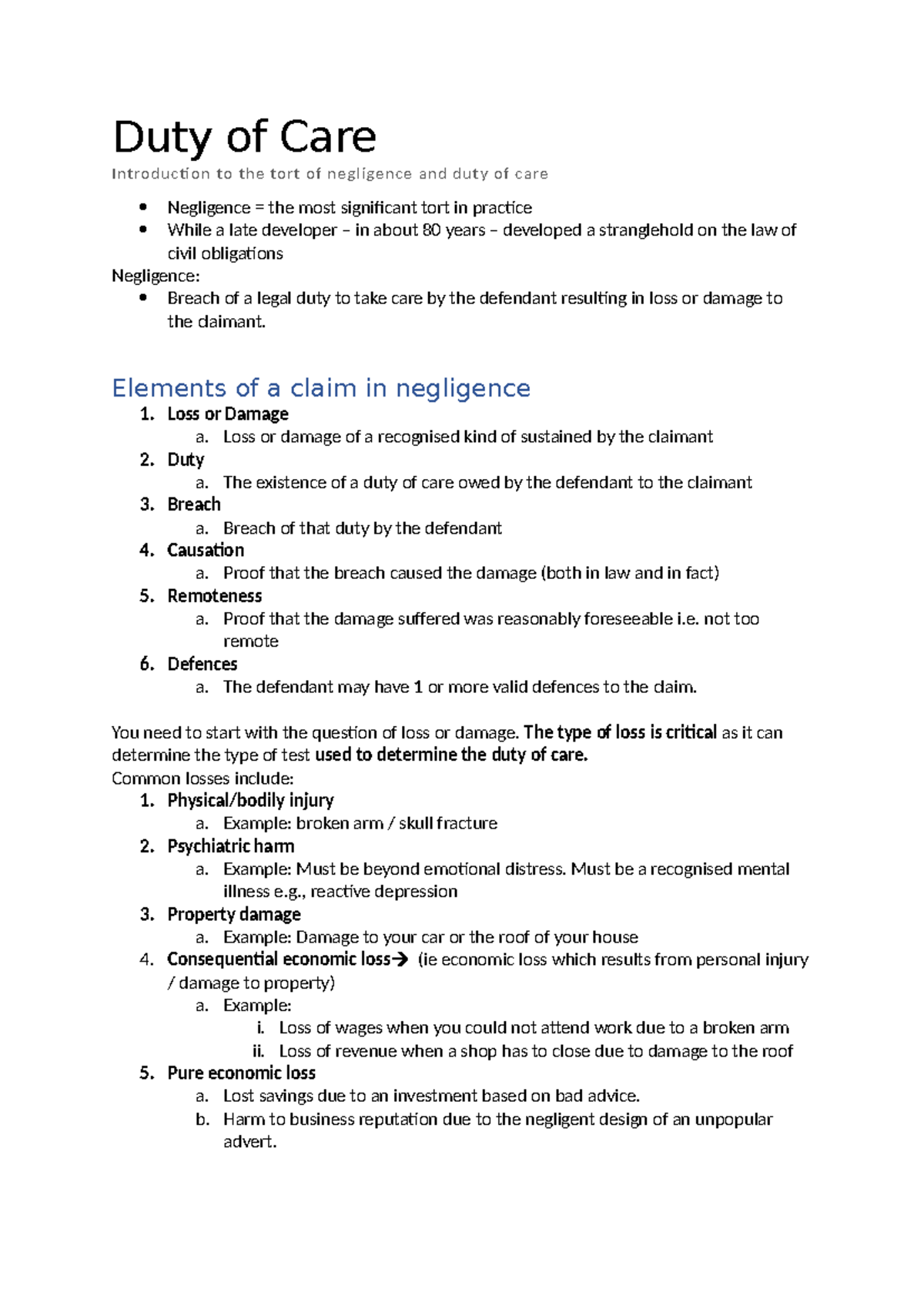 Introduction - Trusts workshop 1 notes - Duty of Care Introducti on to ...
