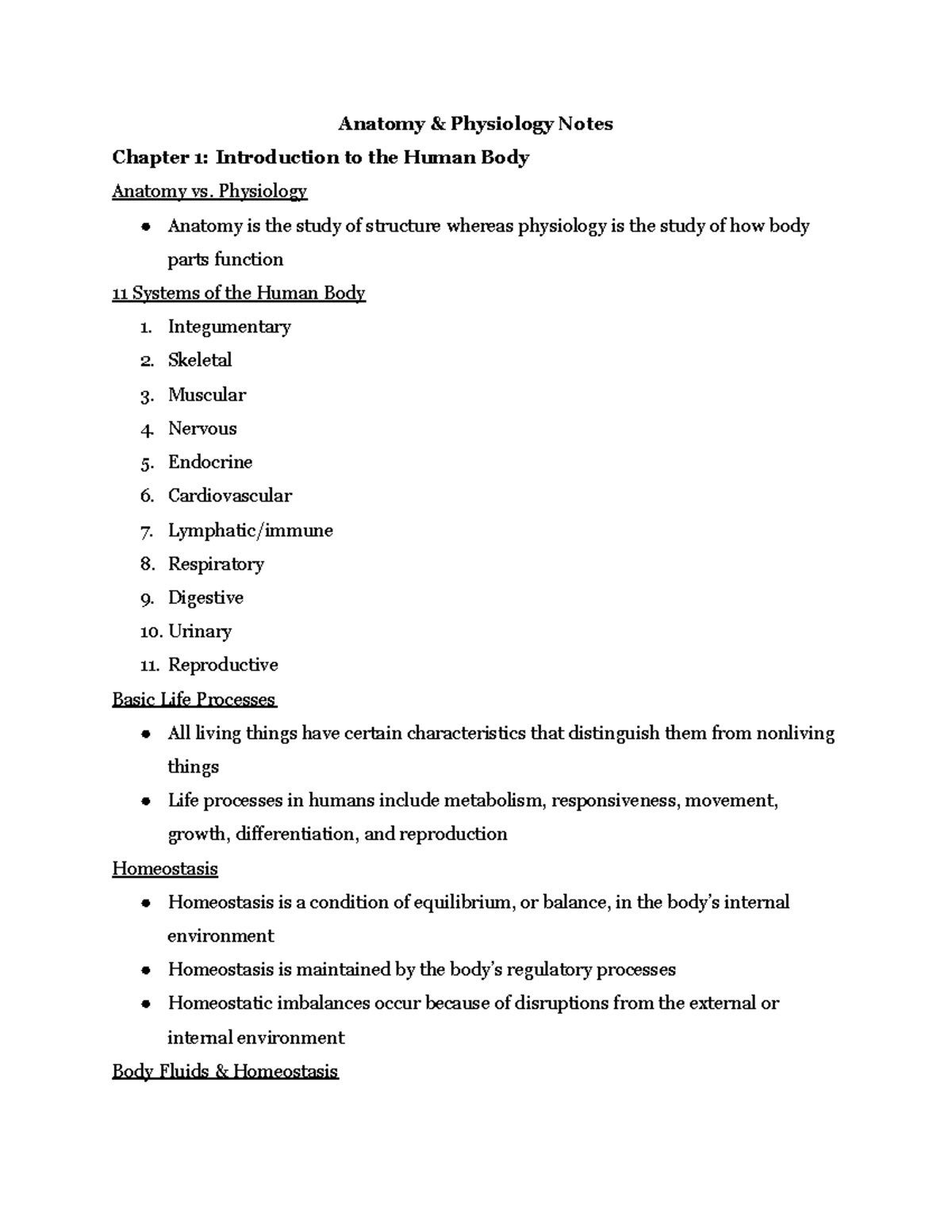 Anatomy and Physiology Notes - Anatomy & Physiology Notes Chapter 1 ...