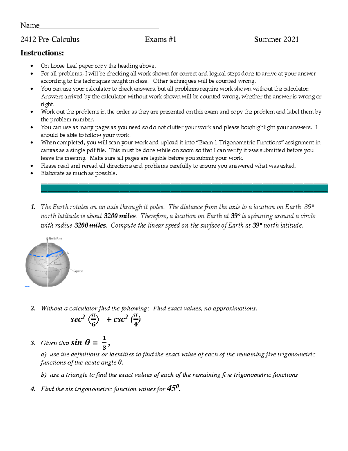 Exam 1 PreCalculus Summer 2021A Name