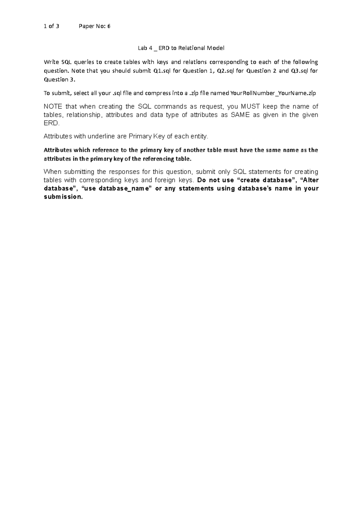 sdasdasdsadasddasda - 1 of 3 Paper No: 6 Lab 4 _ ERD to Relational ...