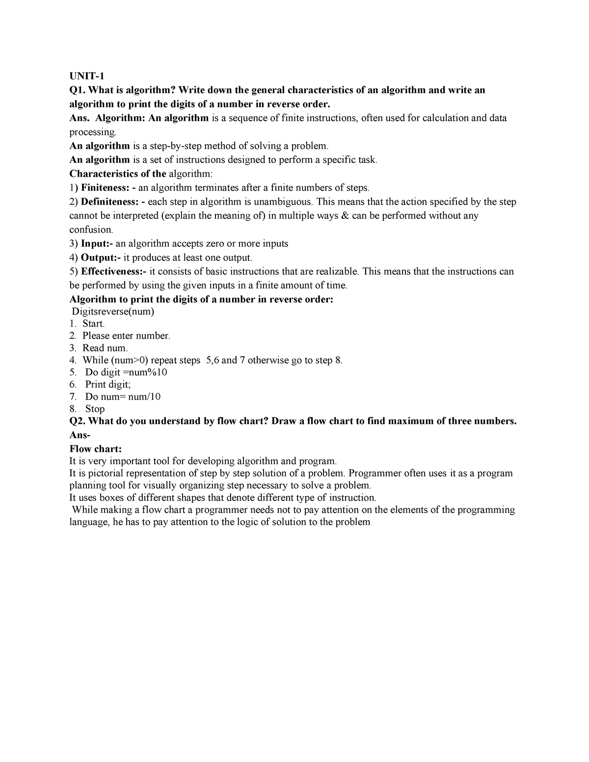 Cqbank 15 - ghbfgh - UNIT- Q1. What is algorithm? Write down the ...