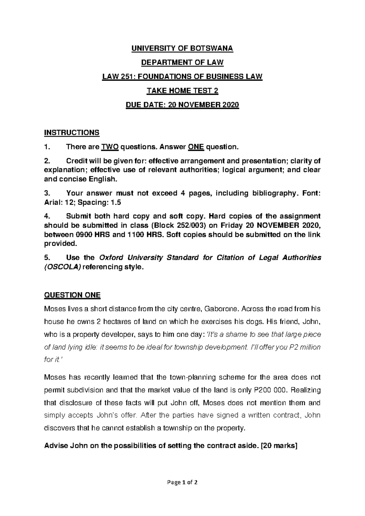 Law 251 CA2 November - law material - Page 1 of 2 UNIVERSITY OF ...