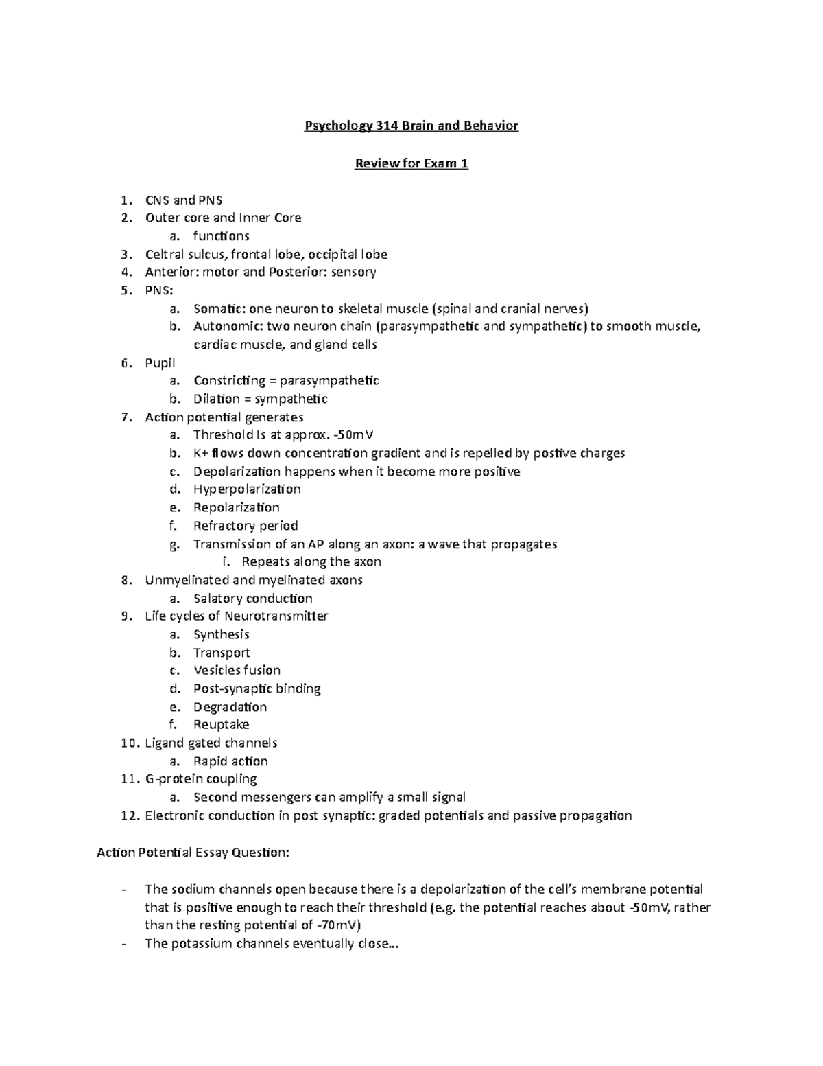 Psychology 314 Brain and Behavior EXAM 1 Review - Psychology 314 Brain and Behavior Review for ...