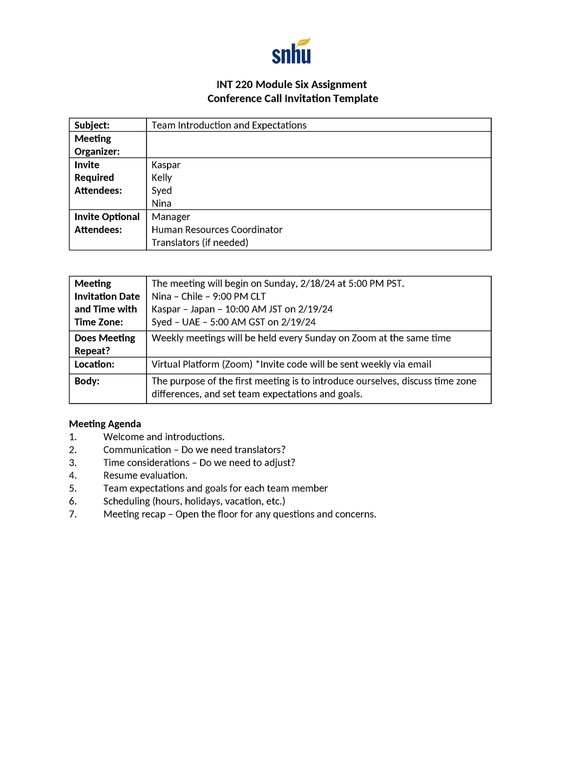 INT 220 Conference Call Invitation - INT 220 Module Six Assignment ...