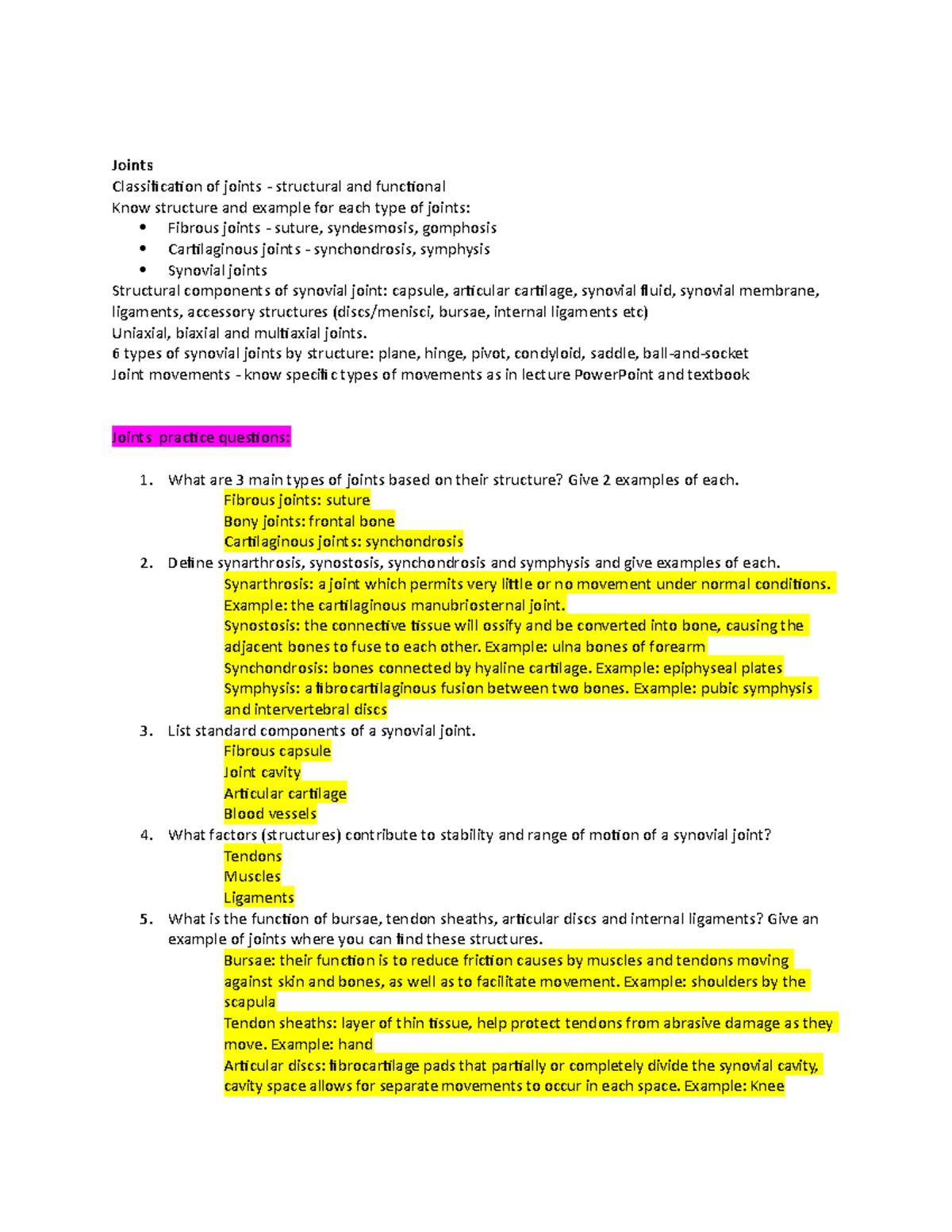 Joints study guide copy - Joints Classification of joints - structural ...