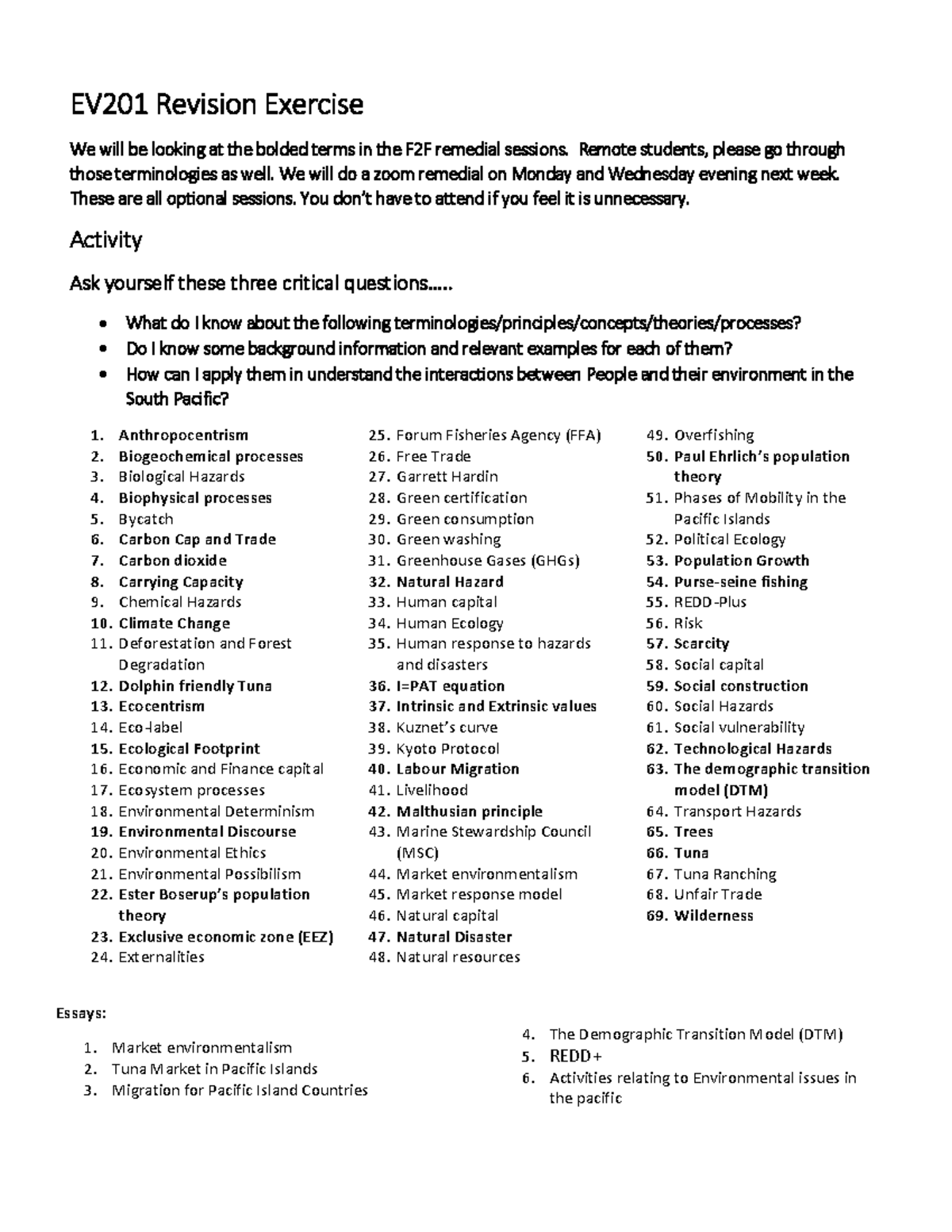 EV201 Revision Activity 2022 - EV 201 Revision Exercise We will be ...