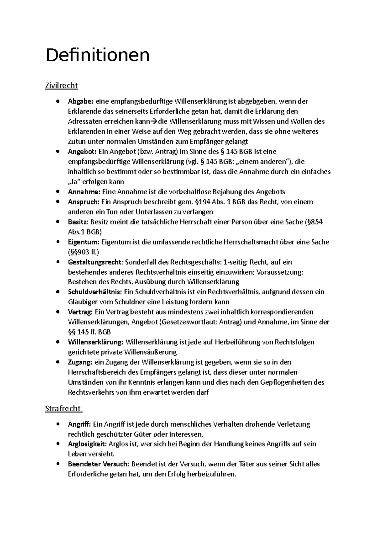 Definitionen im Strafrecht und Zivilrecht Definitionen Zivilrecht Abgabe eine Studocu