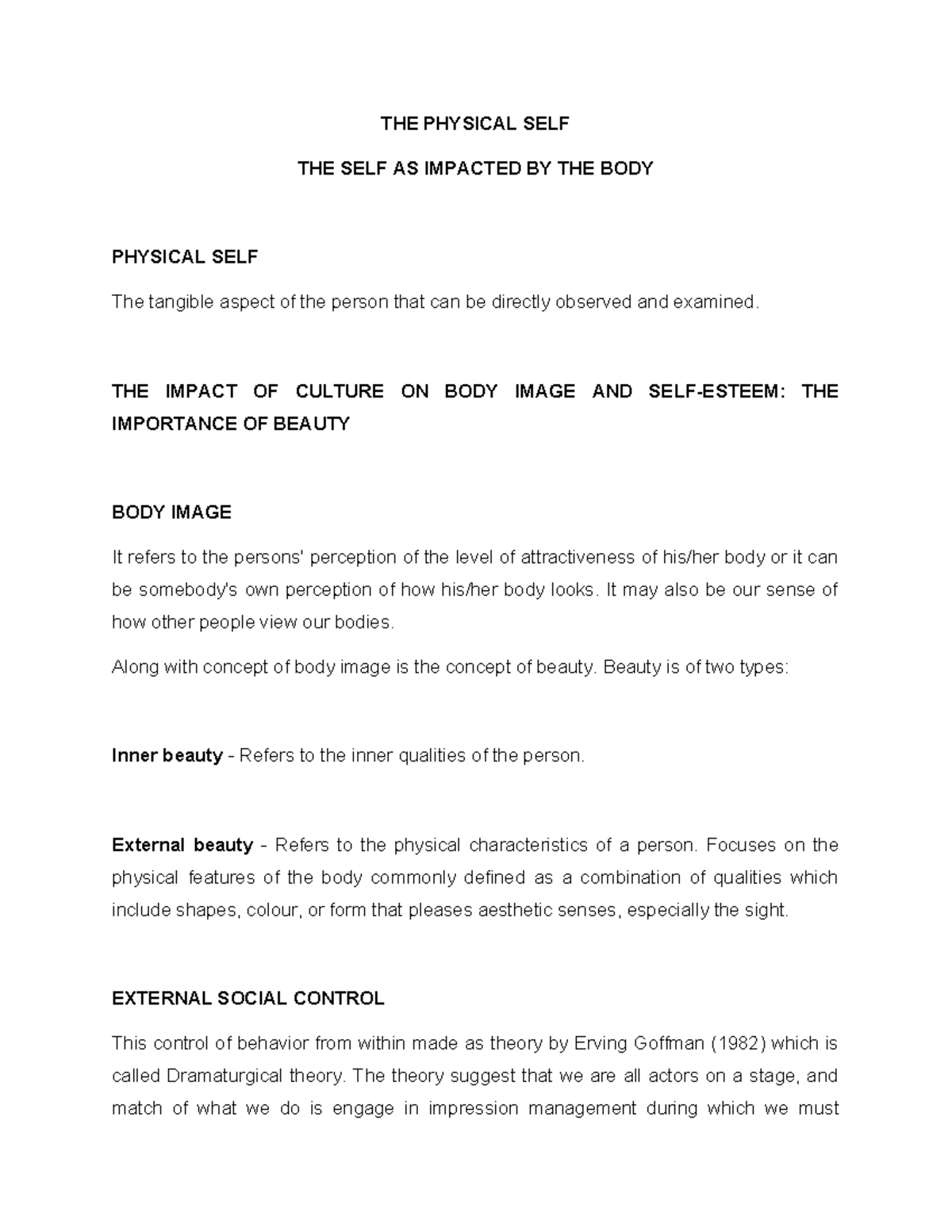 Written Report (THE Physical SELF) - THE PHYSICAL SELF THE SELF AS ...
