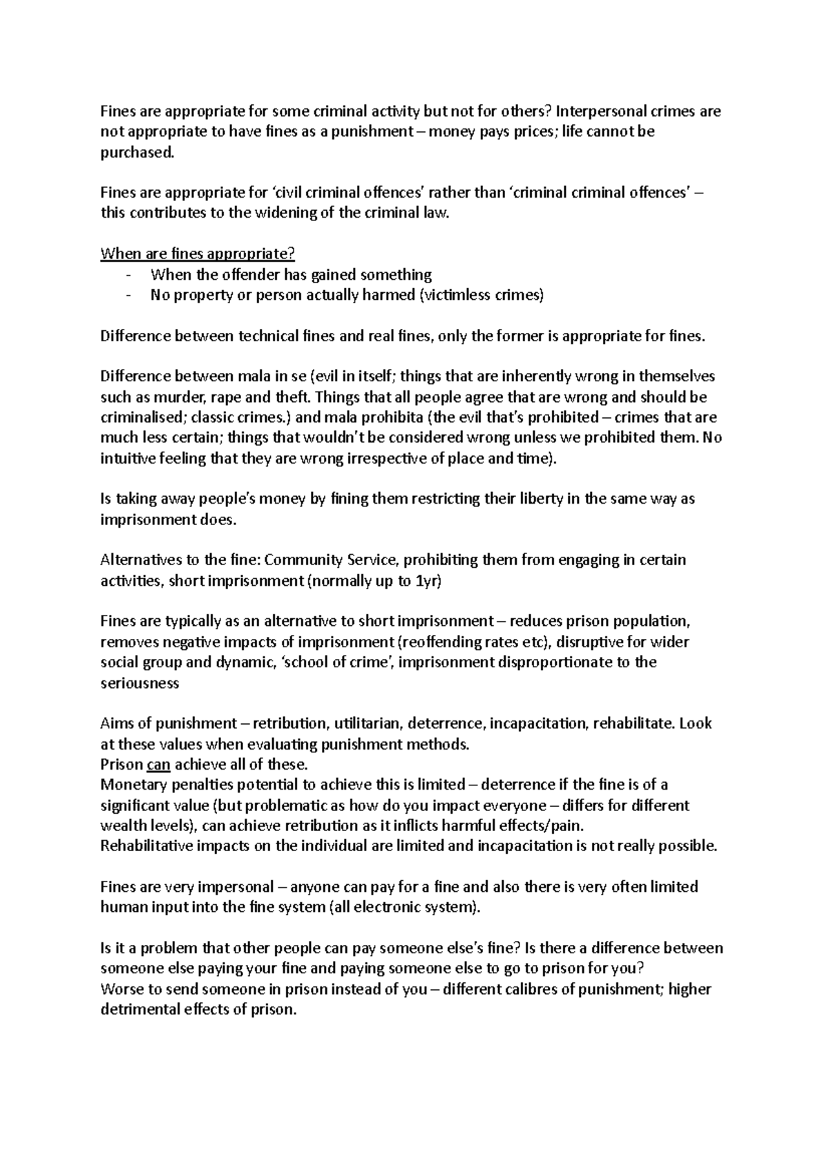 Class Notes - Fines are appropriate for some criminal activity but not ...