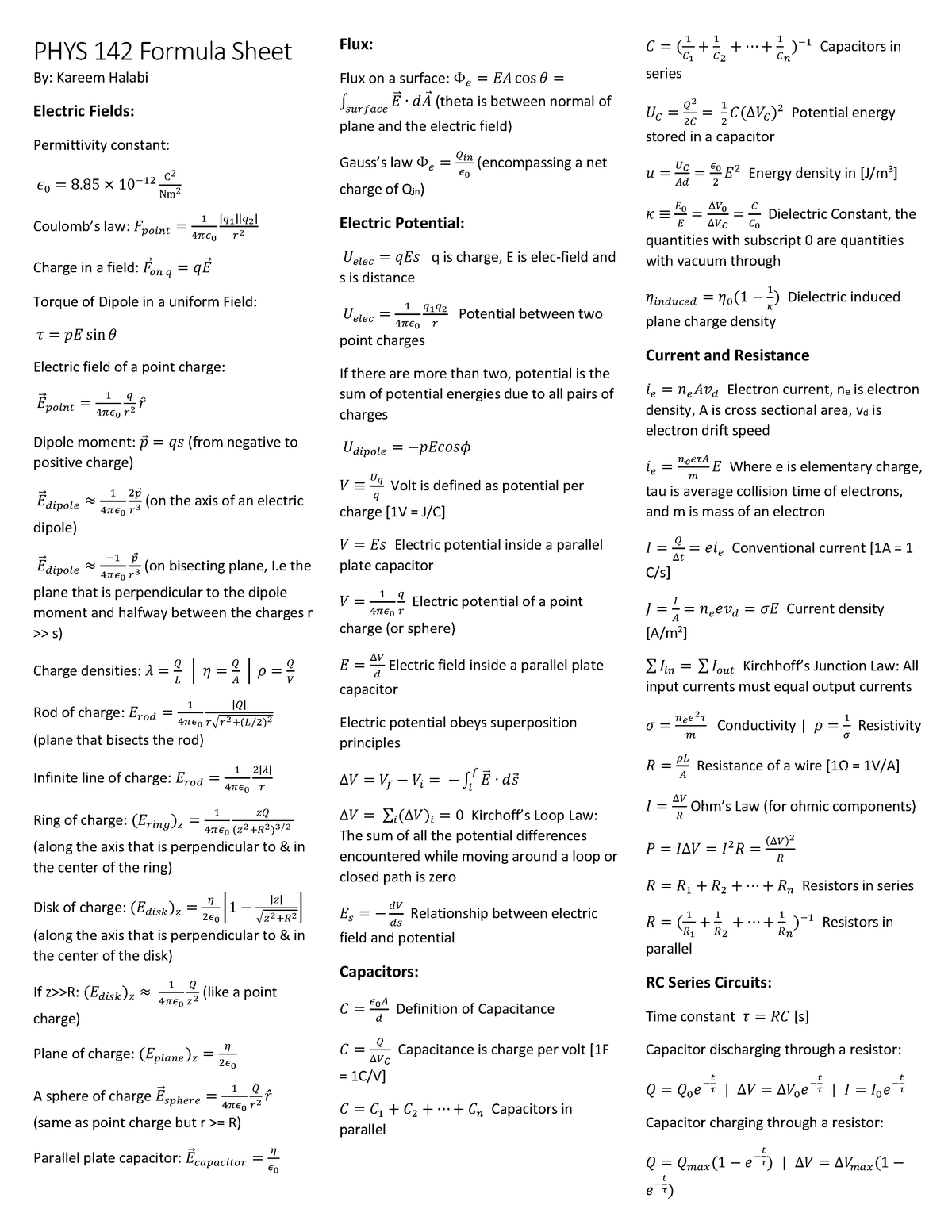 Formula Sheet Summary and Optics PHYS 142 Formula