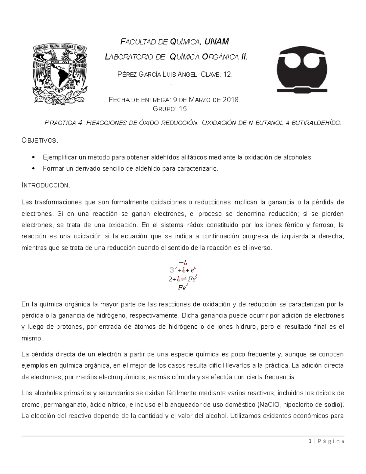 Prárctica 4 Reacciones De óxido Reducción Q Orgánica Facultad De