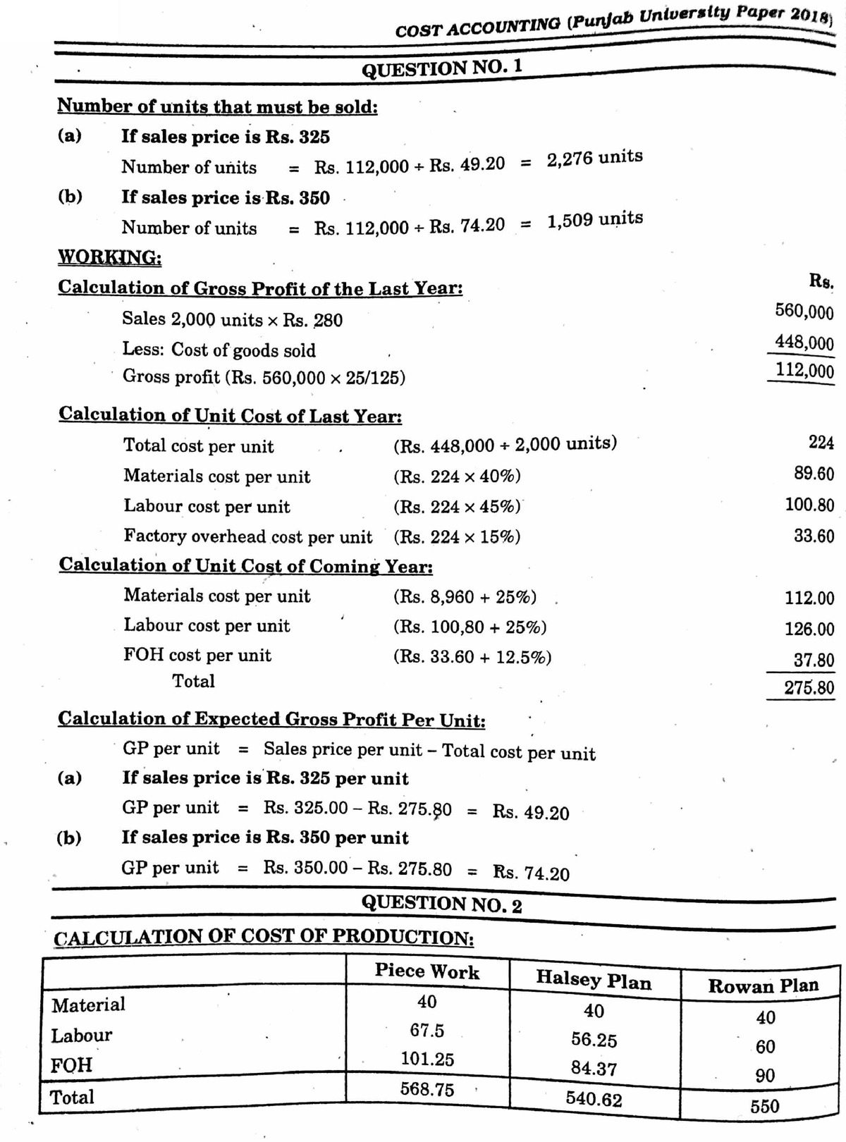 Cost Accounting Adc Bcom Part 2 Solved Past Paper 2018 - Studocu