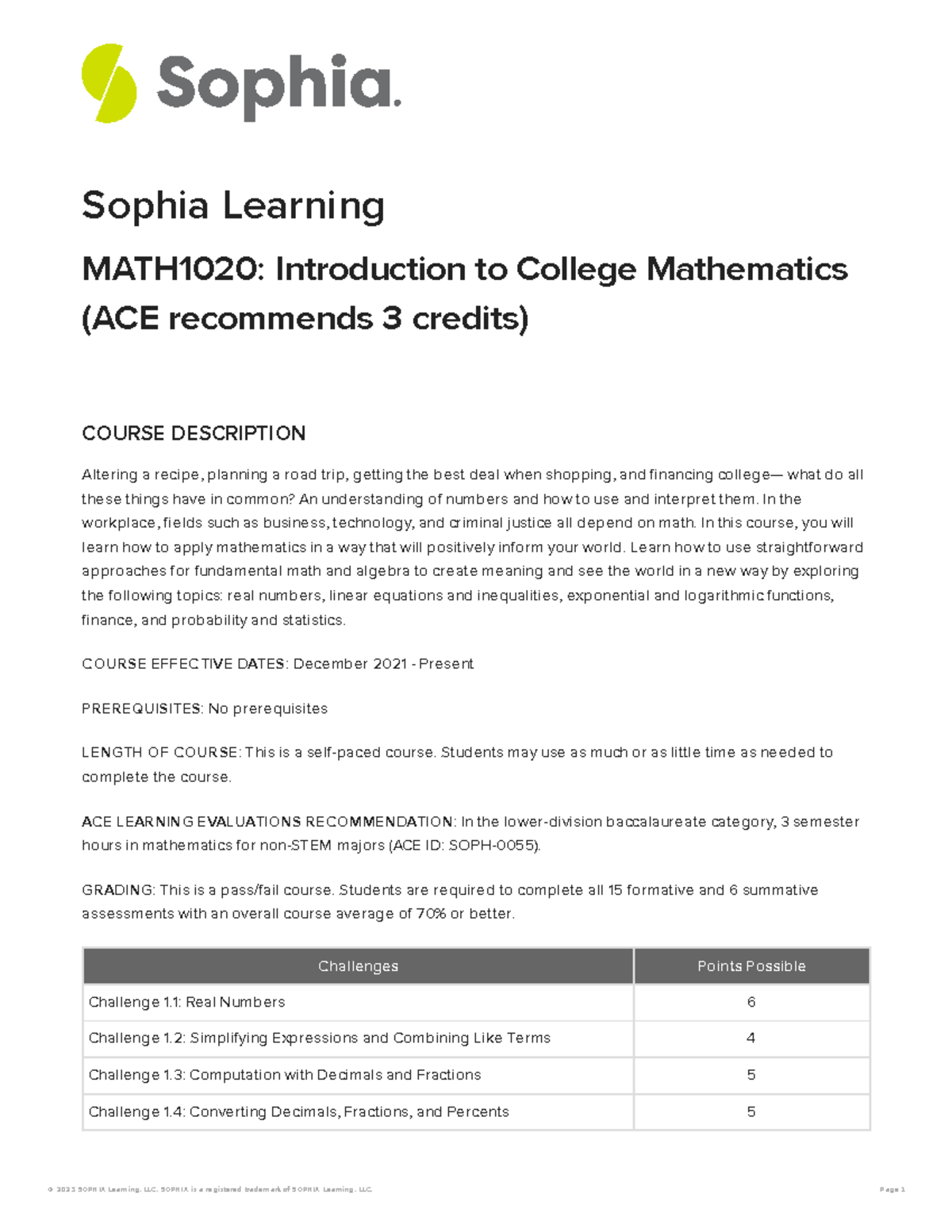 Sophia introduction to college mathematics syllabus sophia learning