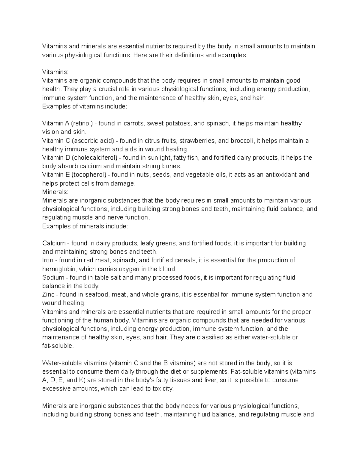 Role of Vitamins and Minerals in the Body human nutrition notes