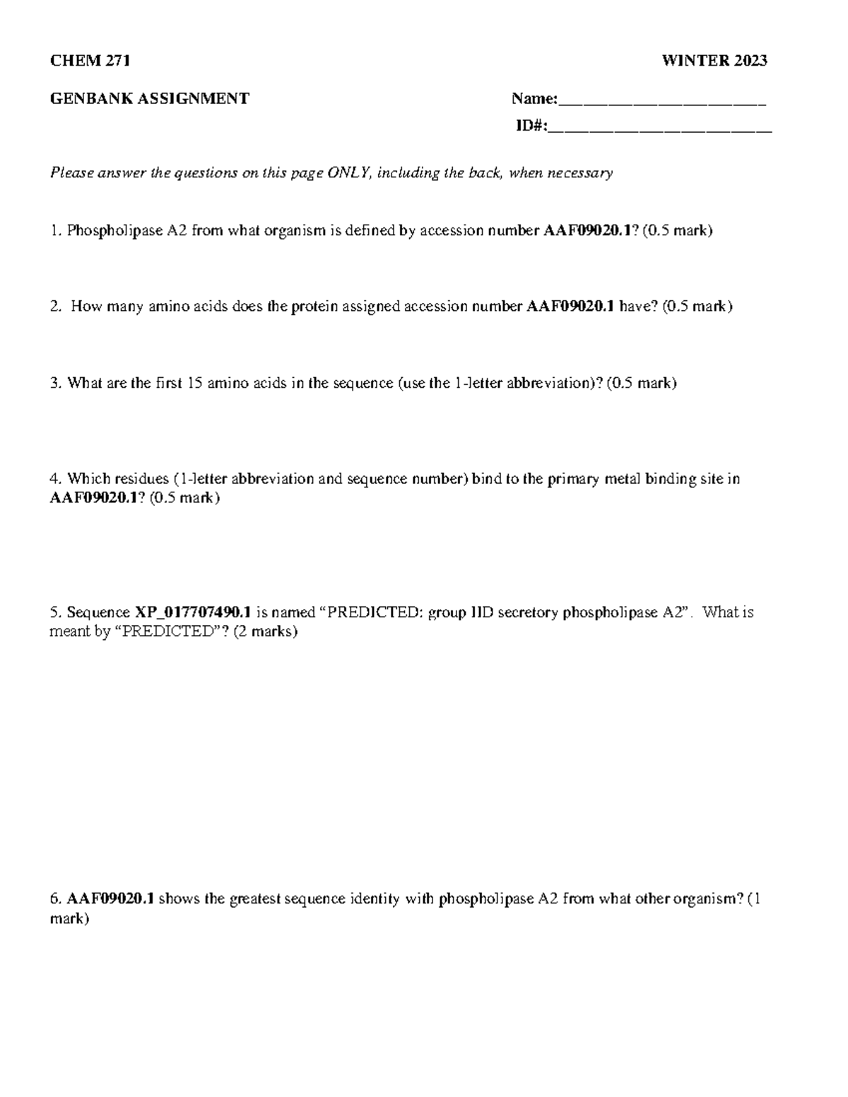 Genbank assignment W2023 Final - CHEM 271 WINTER 2023 GENBANK ...