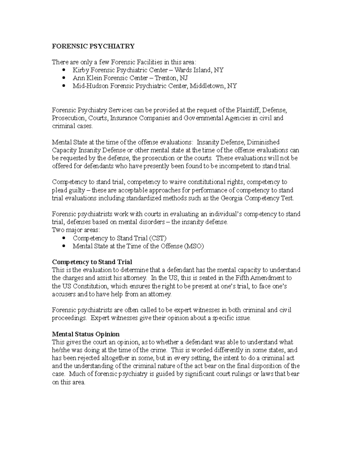 Forensic Psychiatry Lecture notes 1 FORENSIC PSYCHIATRY There are