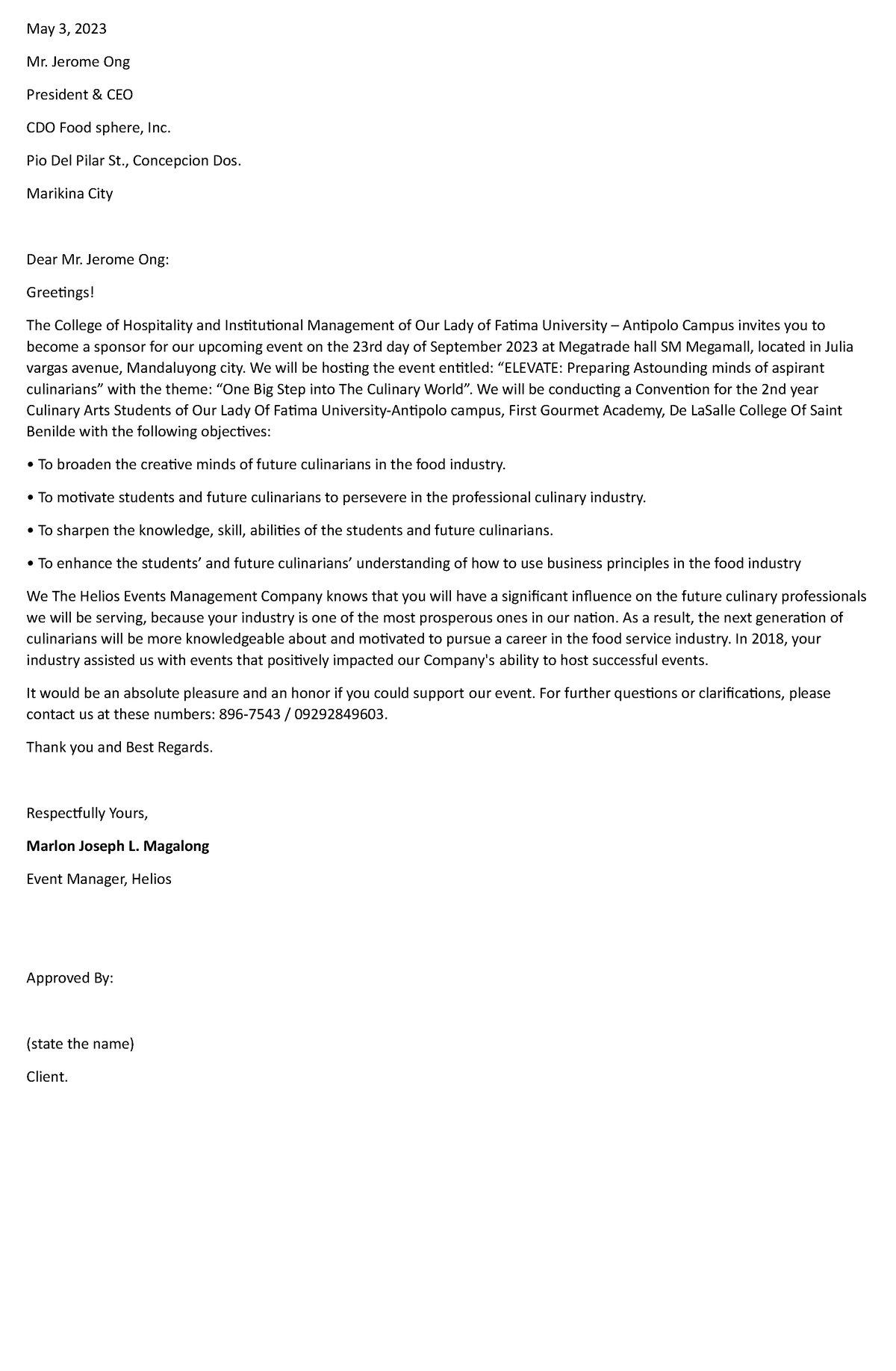 Letter - goodluck - May 3, 2023 Mr. Jerome Ong President & CEO CDO Food ...