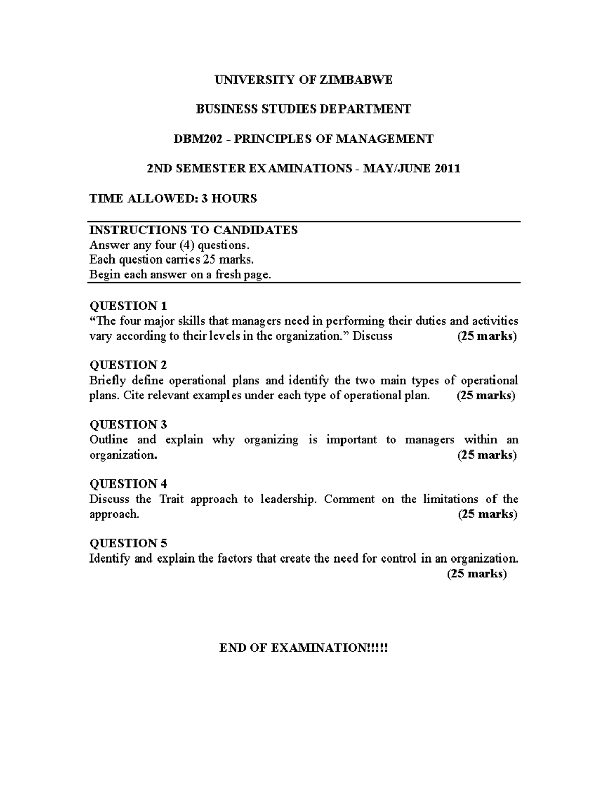 BS202 2011 05 - Management principles - UNIVERSITY OF ZIMBABWE BUSINESS