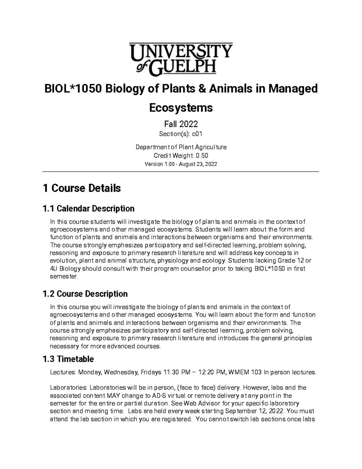 Bio 1050 Syllabus - BIOL*1050 Biology Of Plants & Animals In Managed ...