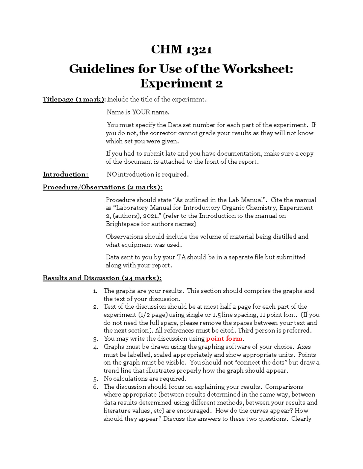 Guideline for Exp 2 Worksheet 132121 - CHM 1321 Guidelines for Use of ...