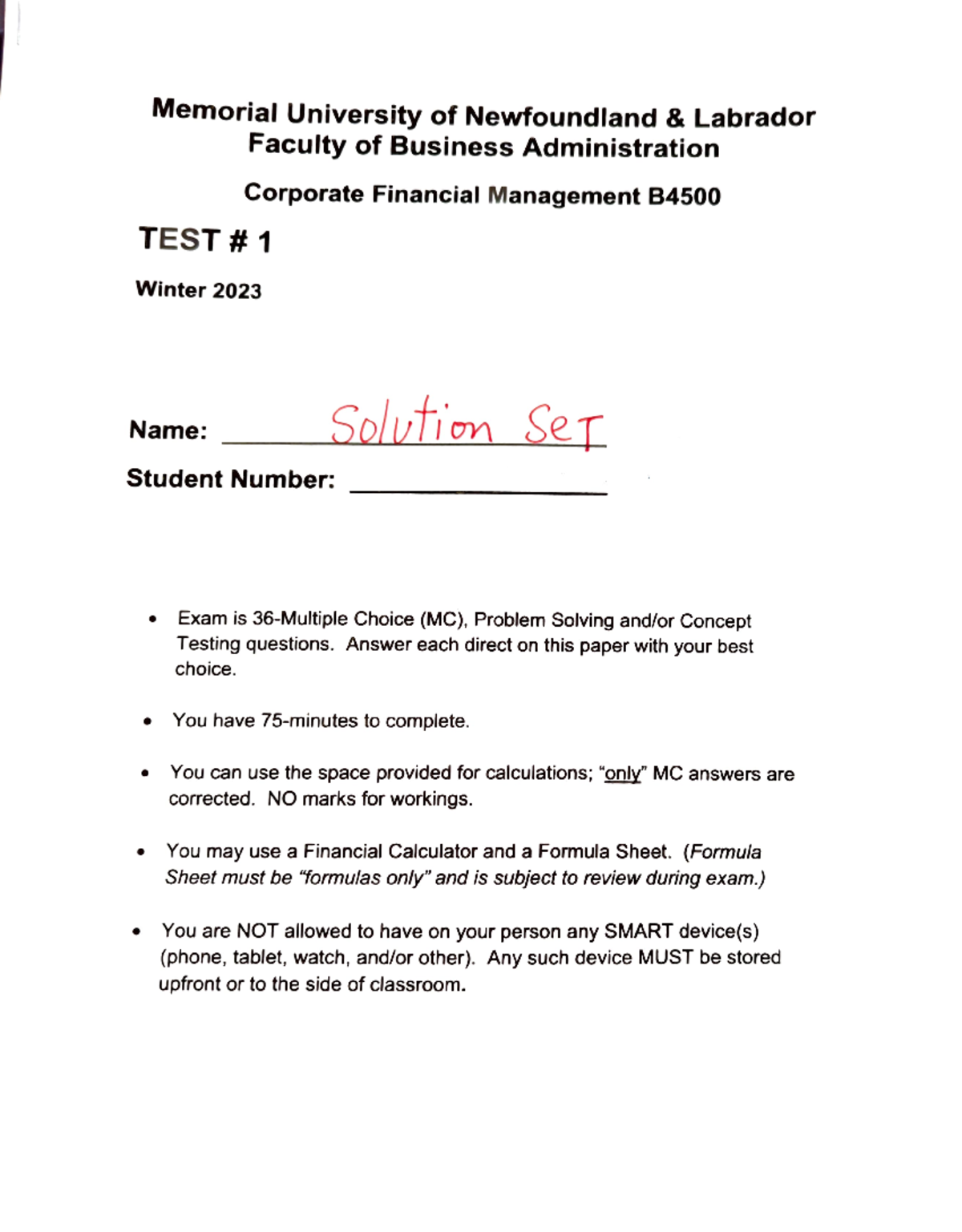 TEST 1 Busi4500 - Memorial University of Newfoundland & Labrador ...
