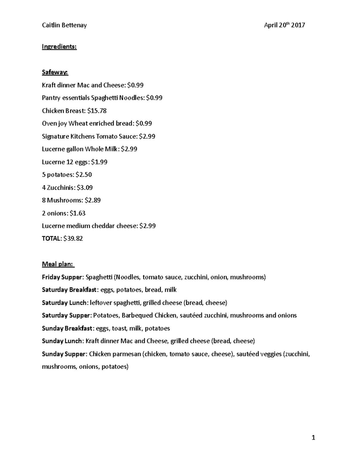 SNAP food challenge Caitlin Bettenay April 20th 2017 Ingredients