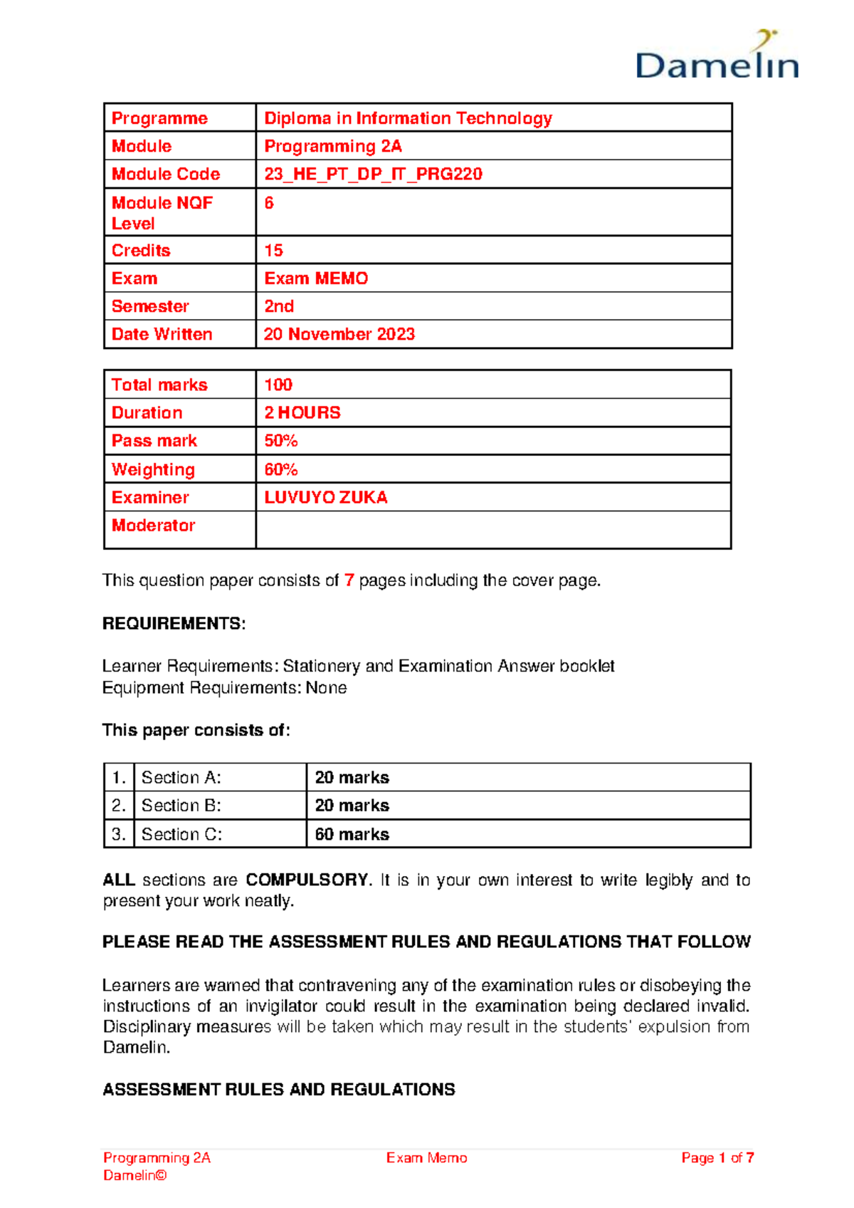 Programming 2A Exam Memo (2)-1 - Programming 2A Exam Memo Page 1 of 7 ...