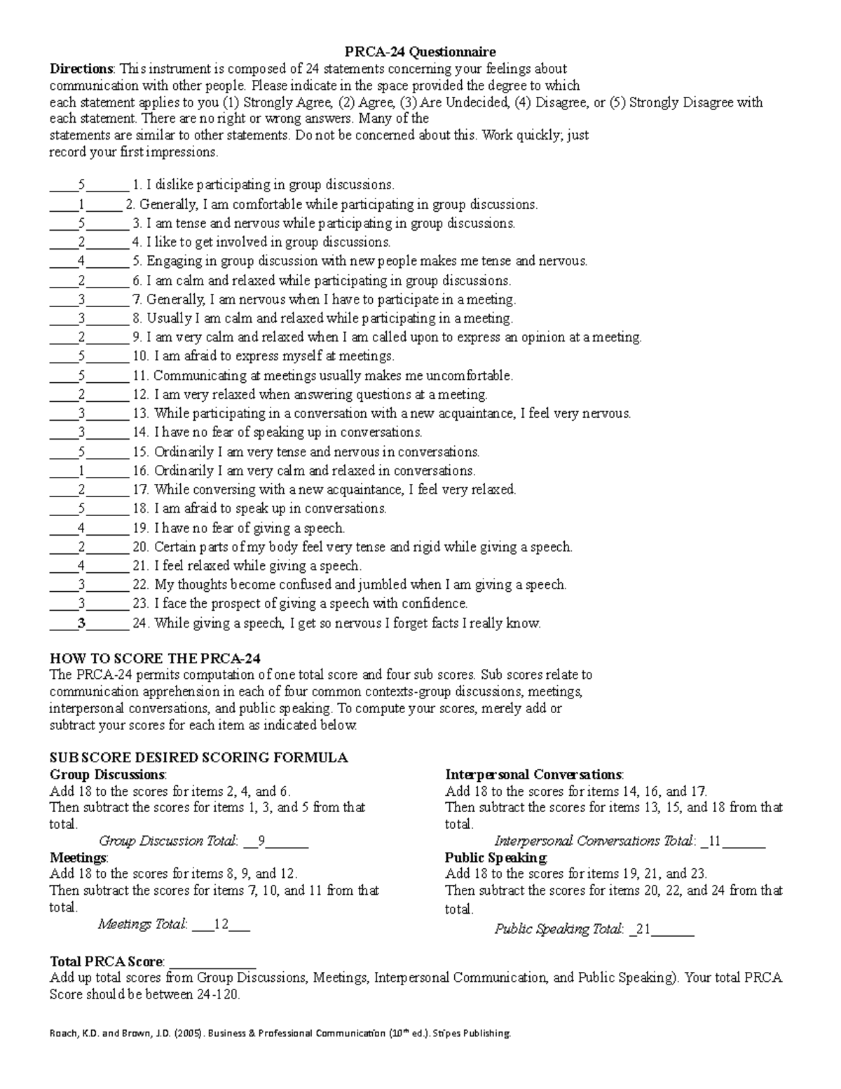 PRCA-24 Questionnaire - PRCA-24 Questionnaire Directions: This ...