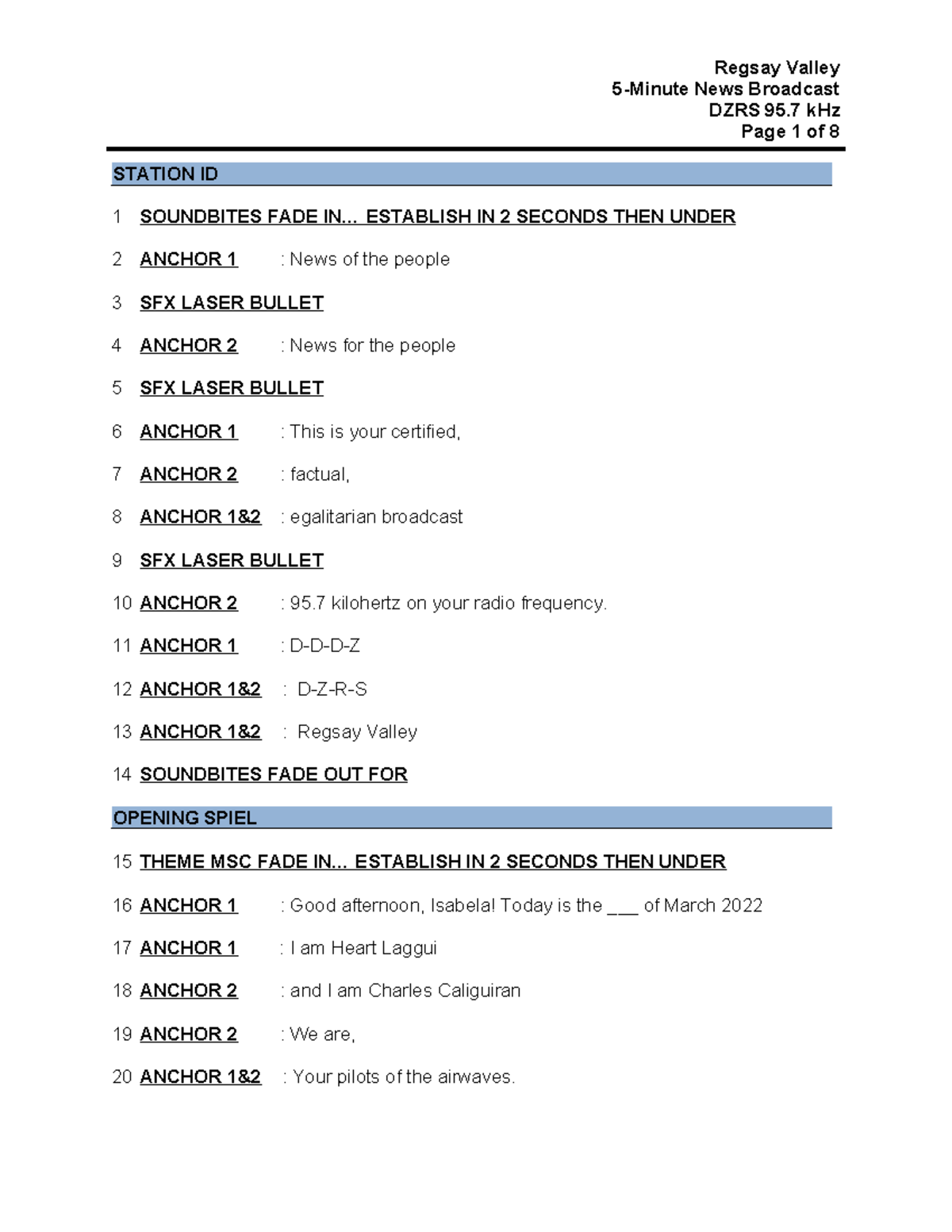 Broadcasting script - 5-Minute News Broadcast DZRS 95 kHz Page 1 of 8 1 ...