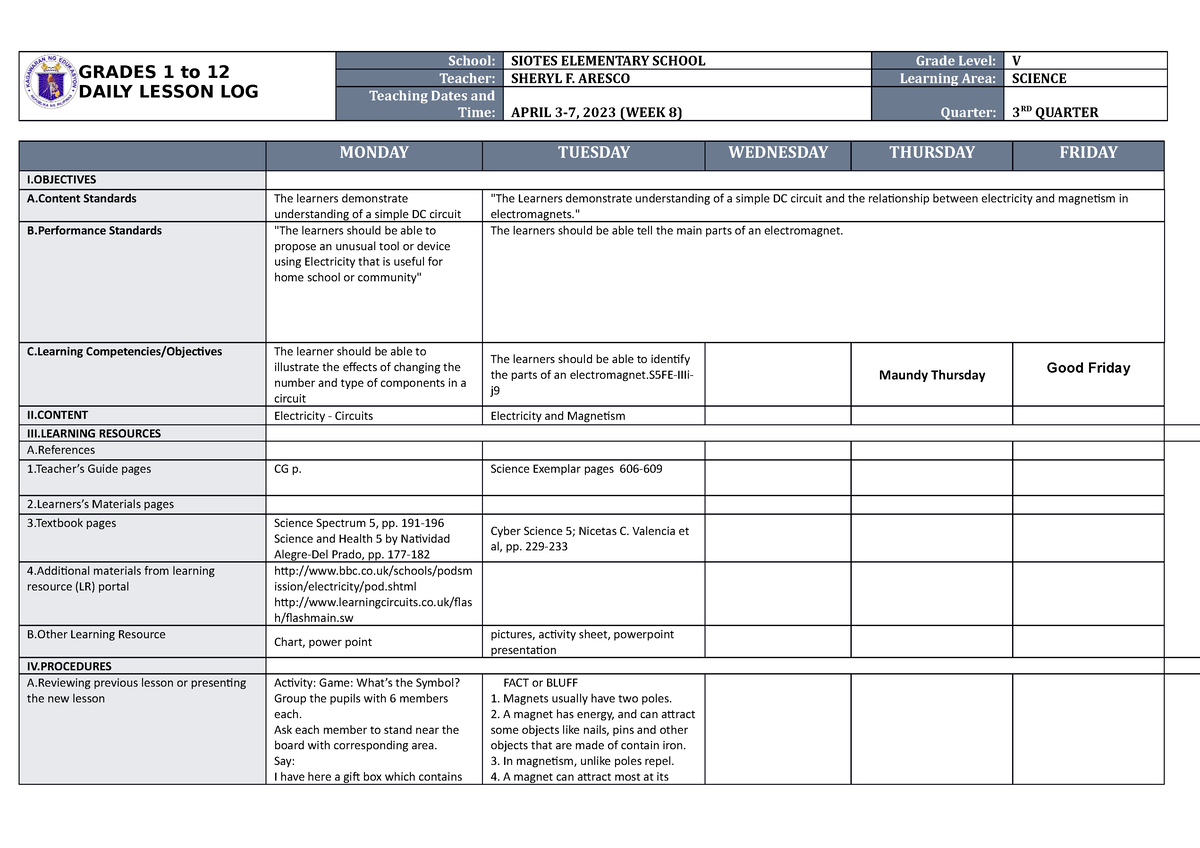 DLL Science 5 Q3 W8 - sdfghjklkmnbvc - GRADES 1 to 12 DAILY LESSON LOG ...