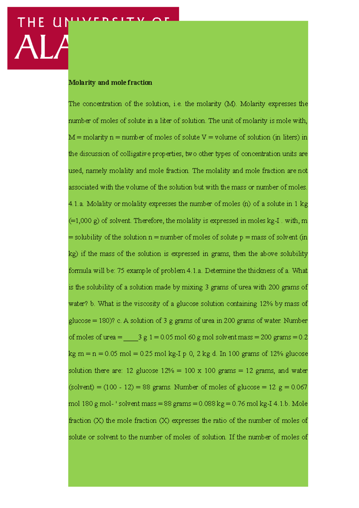 My Lecture Documents Chemistry - Molarity and mole fraction - Molarity