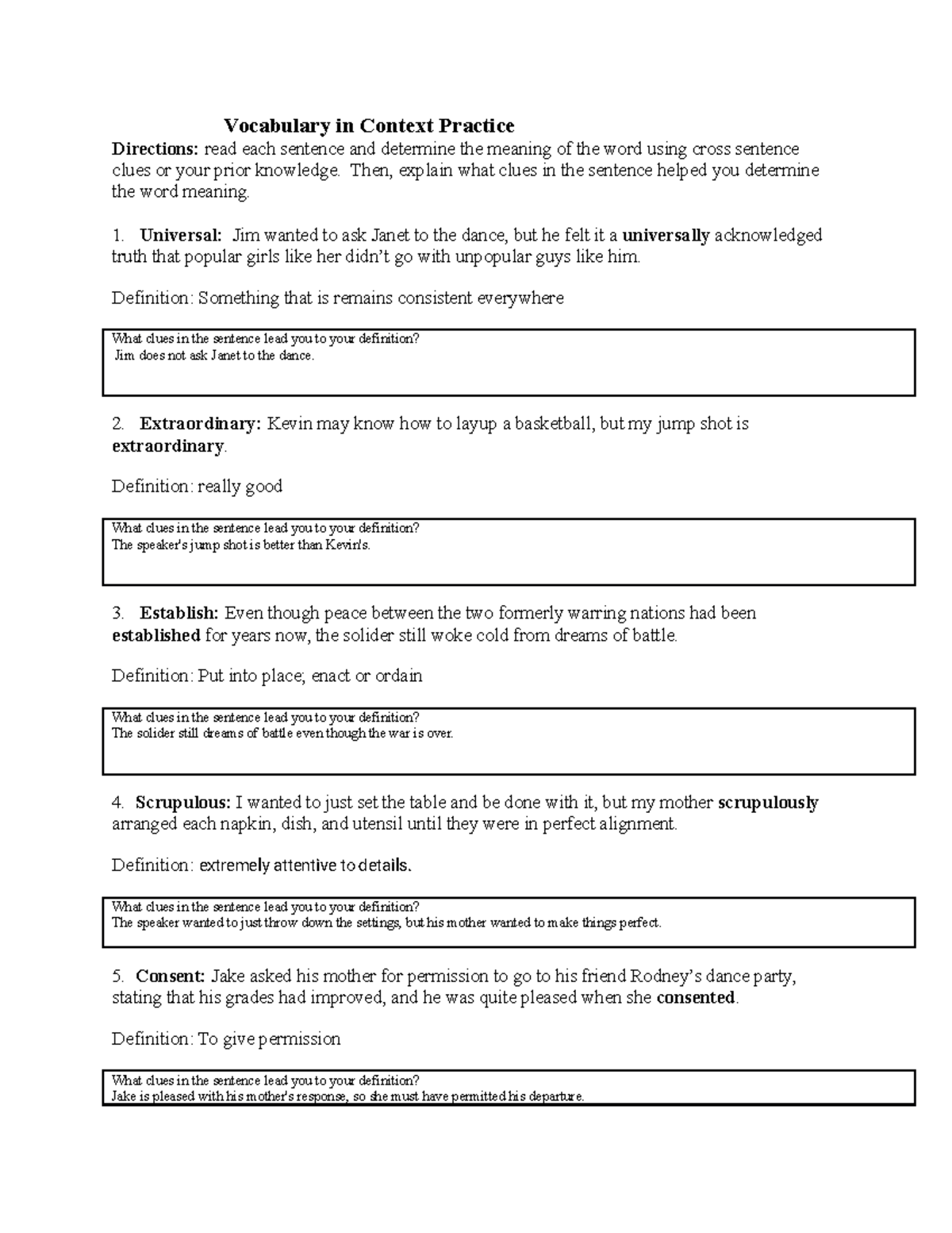Vocabulary in Context Practice - Vocabulary in Context Practice ...